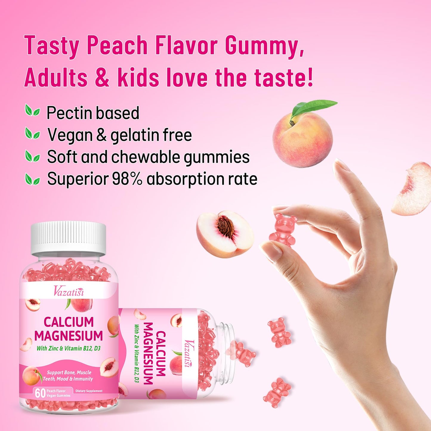 Vazatisi Calcium Magnesium Zinc Gummies with Vitamin D3 B12, 120 Count