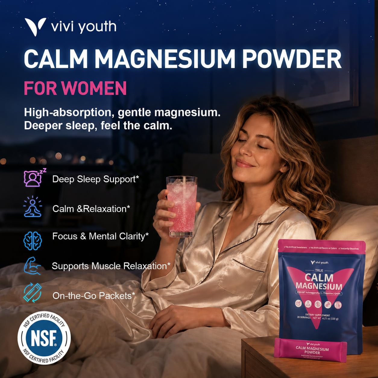VIVI Youth Calm Magnesium Powder with KSM-66 Ashwagandha, L-theanine & GABA, 4.23 Ounce