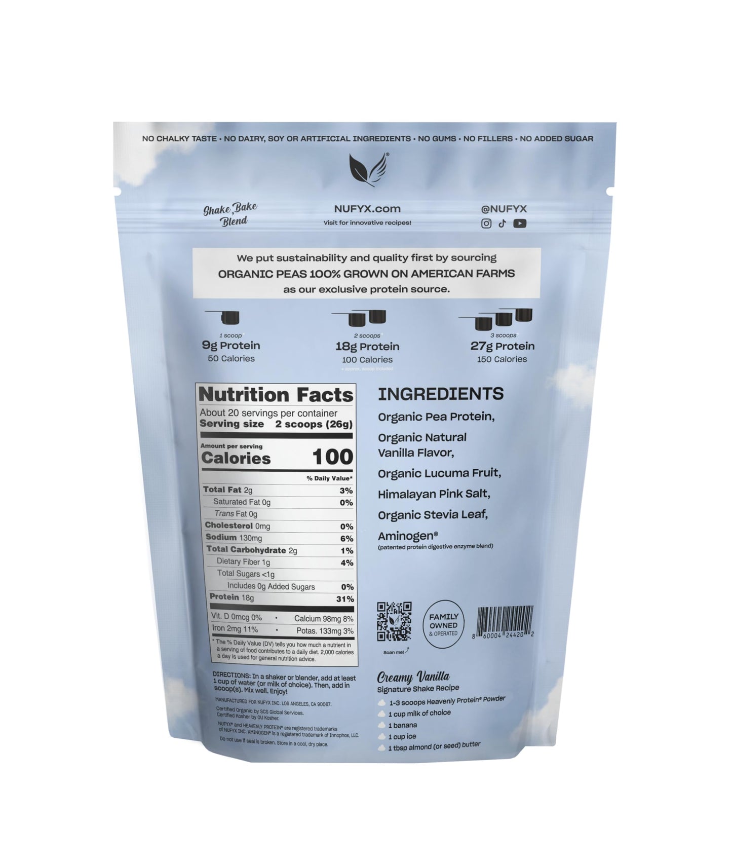 NUFYX Organic Plant-Based Protein Powder, Made with 100% USA Grown Peas, 18g Protein, 40 Scoops