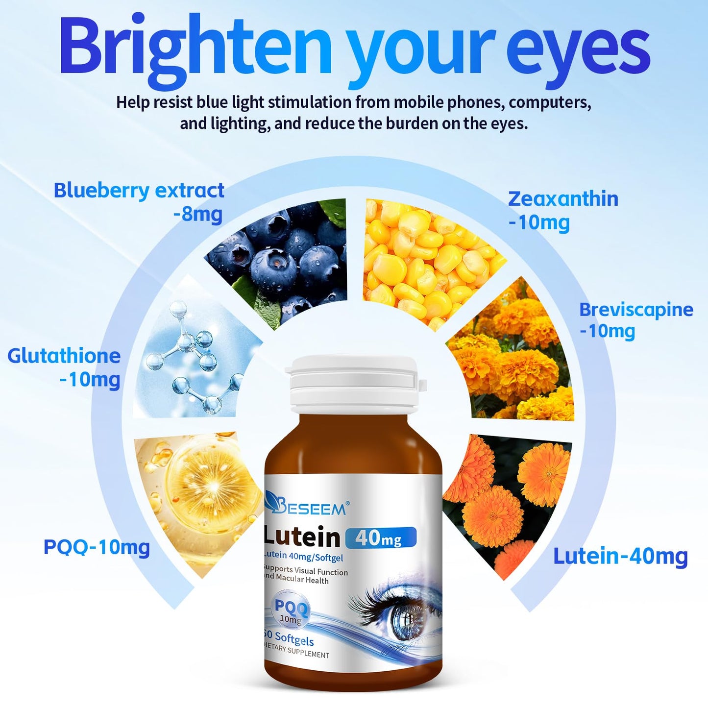 Beseem 6-in-1 Eye Supplement with Lutein 40mg, Zeaxanthin 10mg Capsules, 60 Count