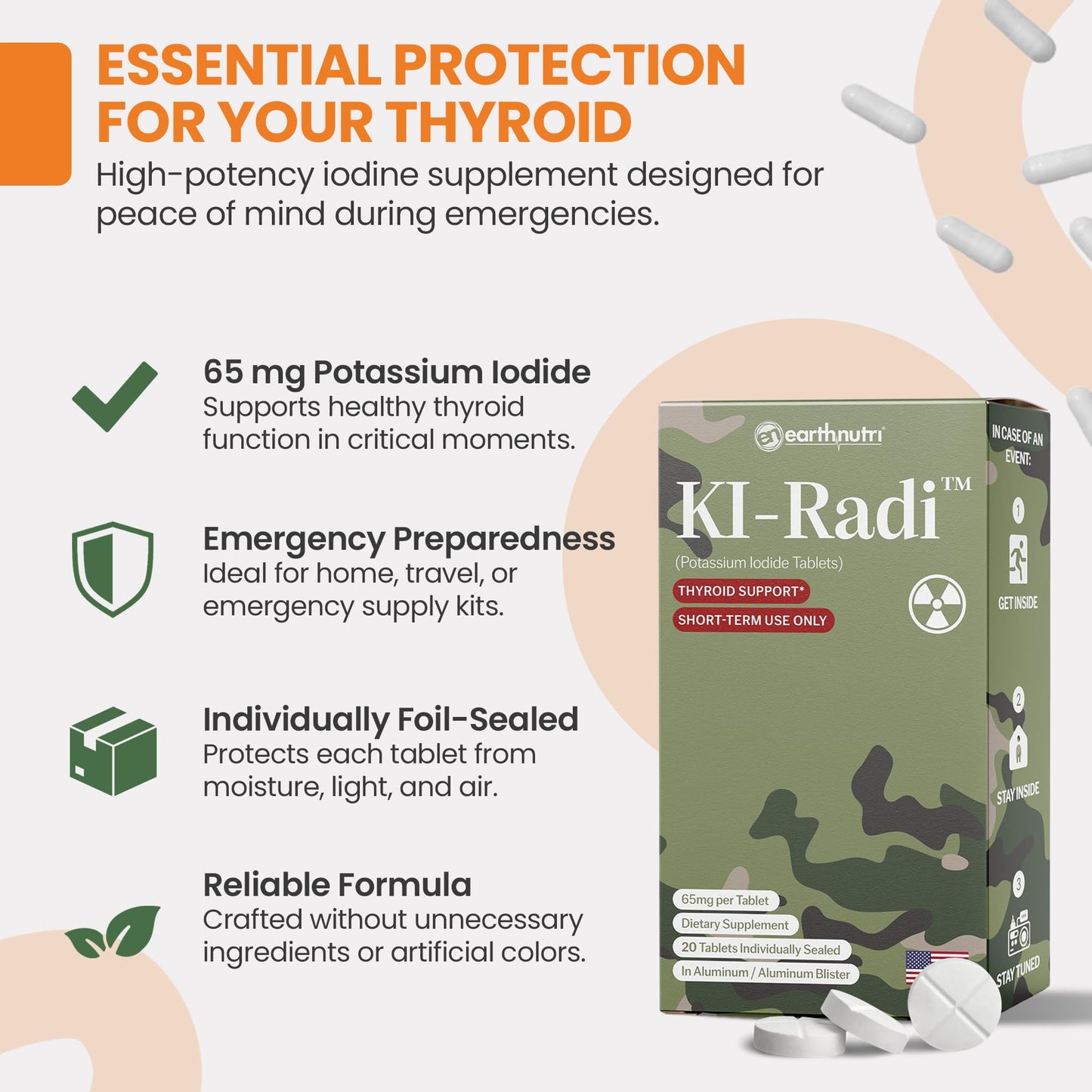 EarthNutri KI-Radi Potassium Iodide KI Tablets 65 mg, 20 Tablets