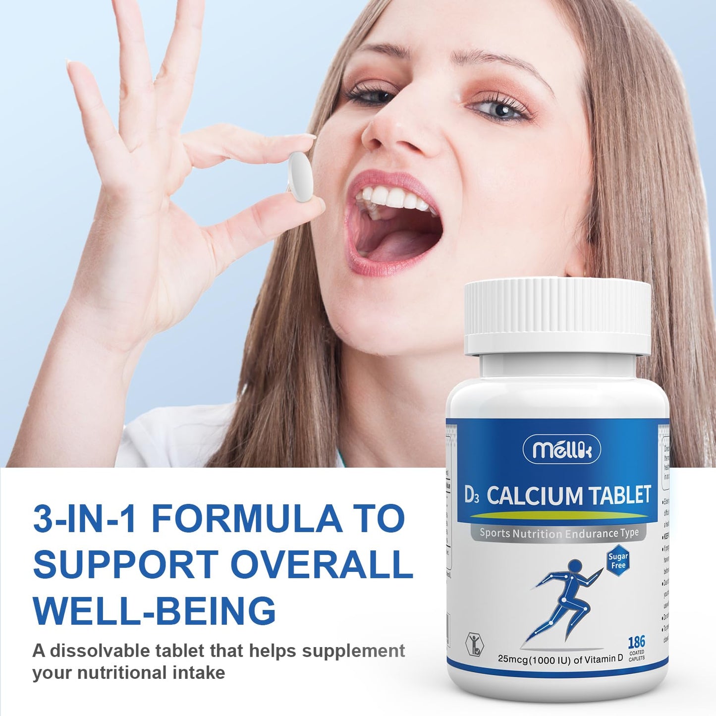 Mellk Calcium-Supplement Vitamin-D3 1200-mg Magnesium-Mini Tablets 186