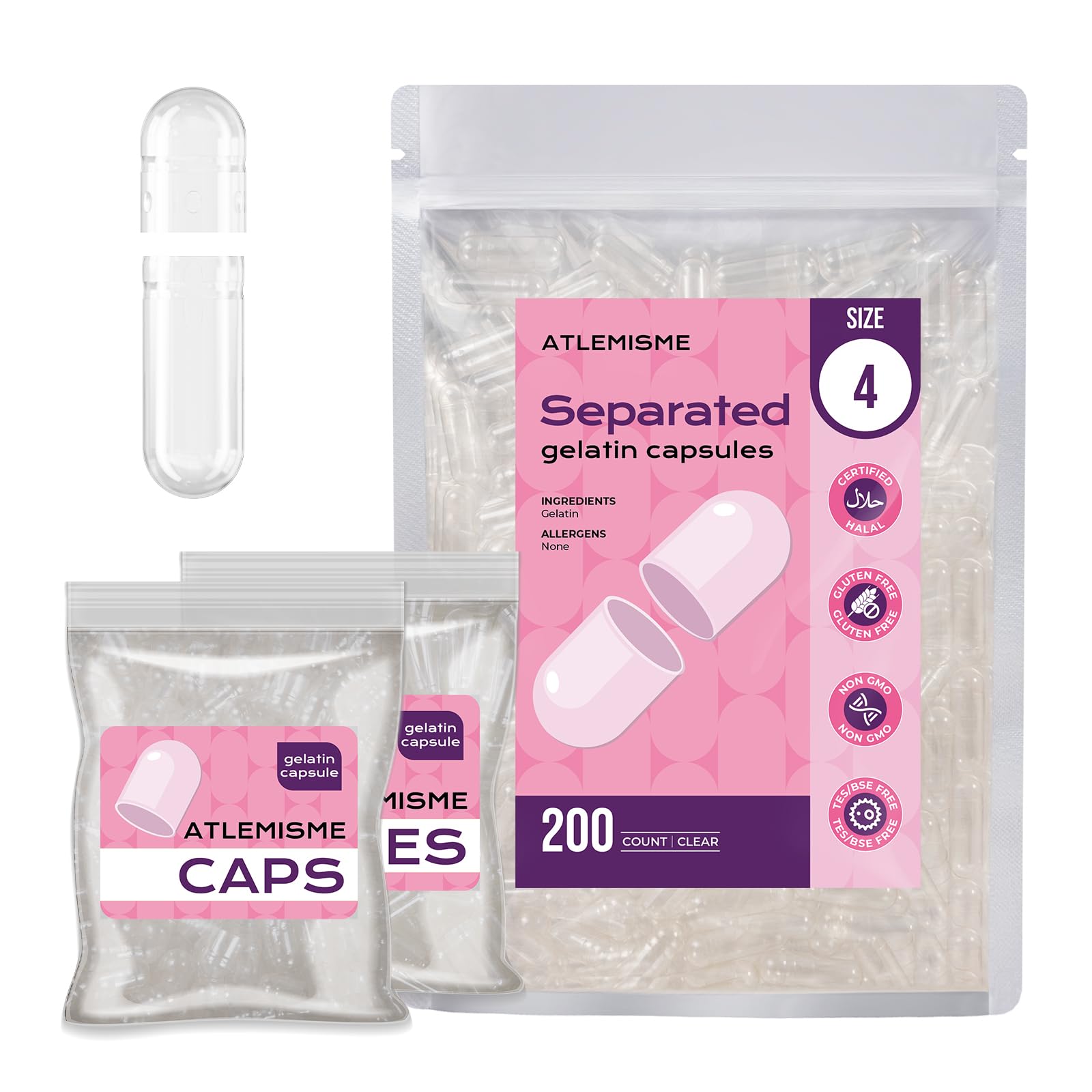 ATLEMISME Gelatin Size 4 Separated Capsules, 200 Count
