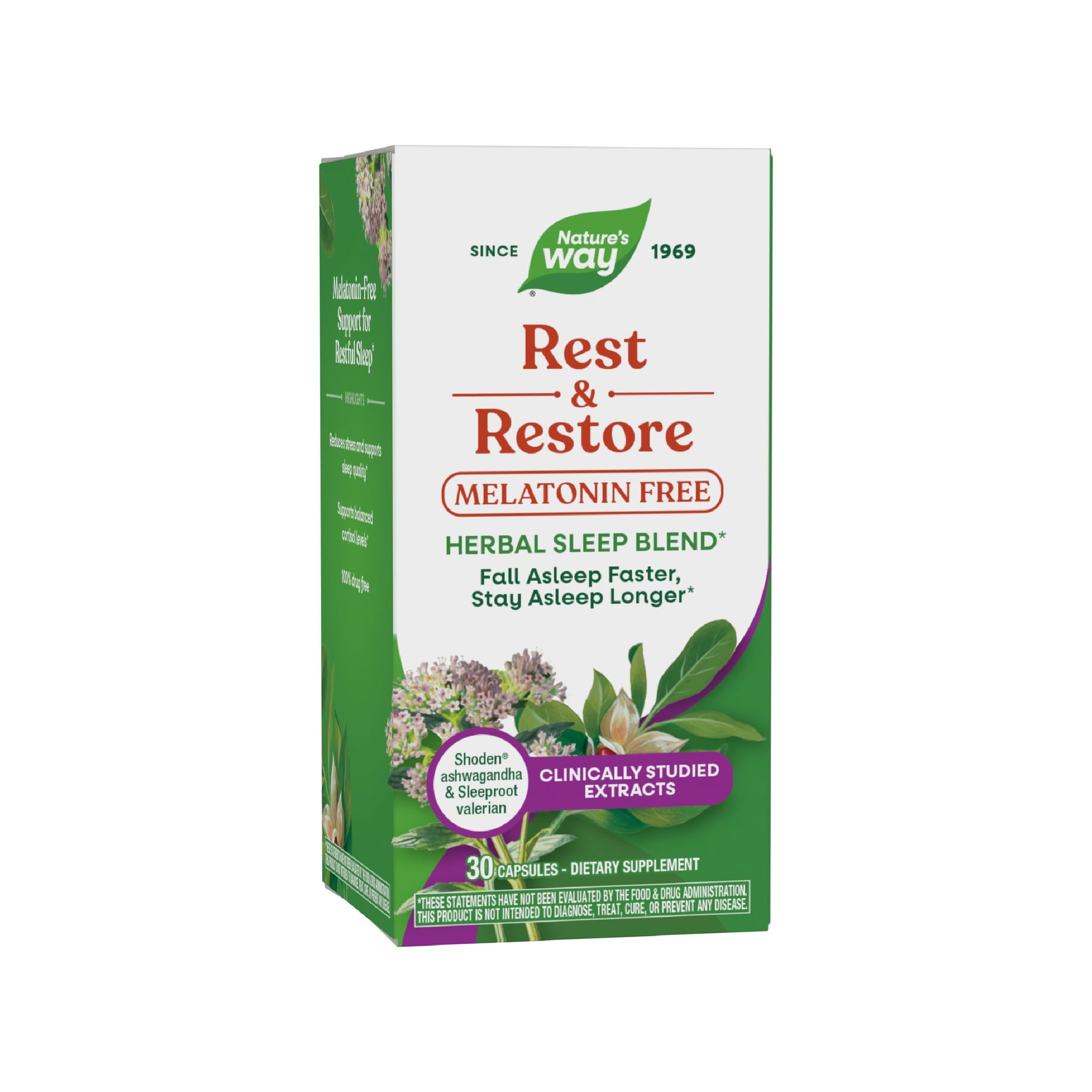 Nature's Way Rest & Restore Melatonin-Free Sleep Supplement with Ashwagandha and Valerian, Vegan, 30 Capsules