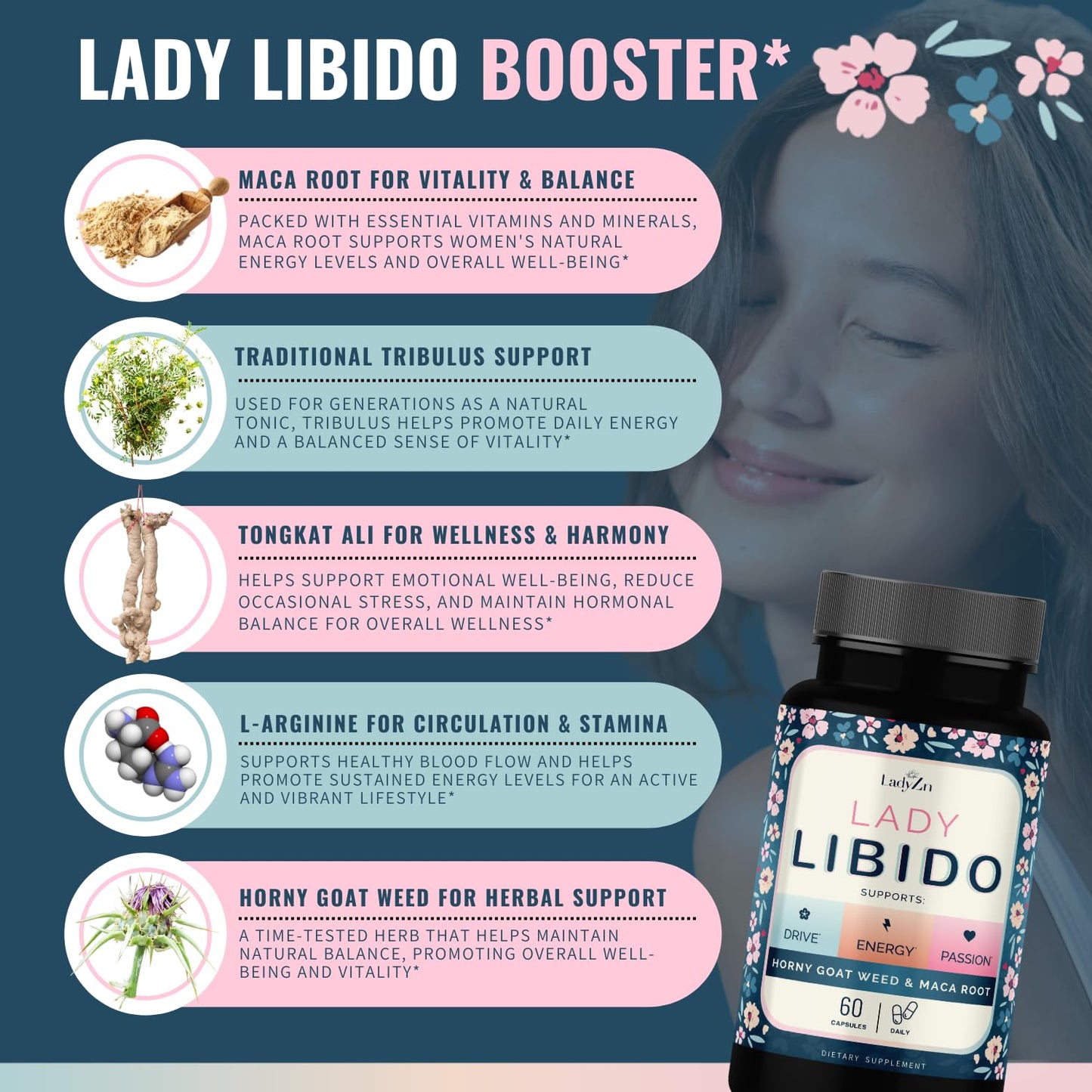 LadyZn Lady Libido Supplement for Women Capsules with Horny Goat Weed & Maca Root 60 Count