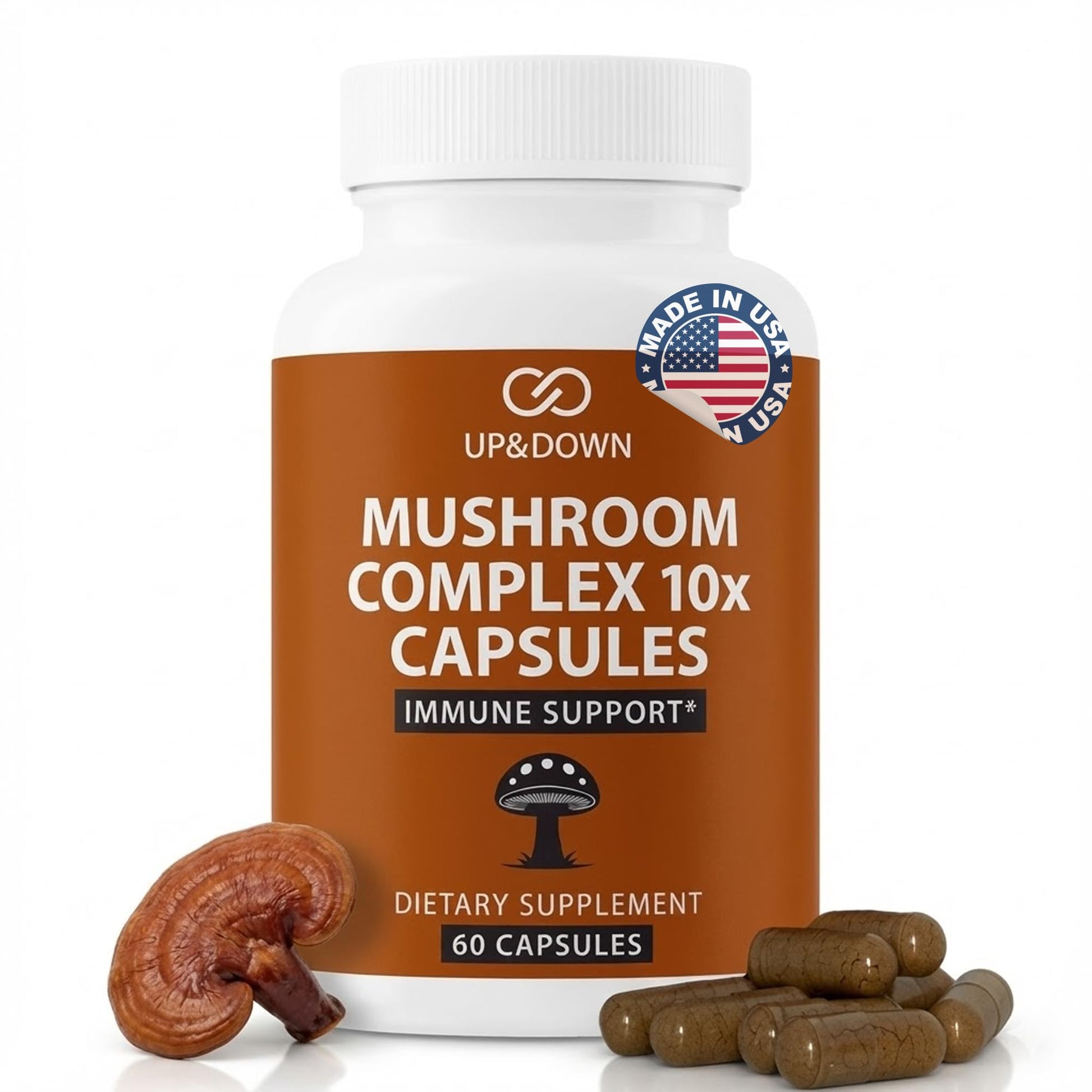 Up&Down Supplements Mushroom Complex 10X Brain Focus Immune Support Energy & Clarity Lions Mane Cordyceps Reishi Chaga Turkey Tail Blend 60 Capsules