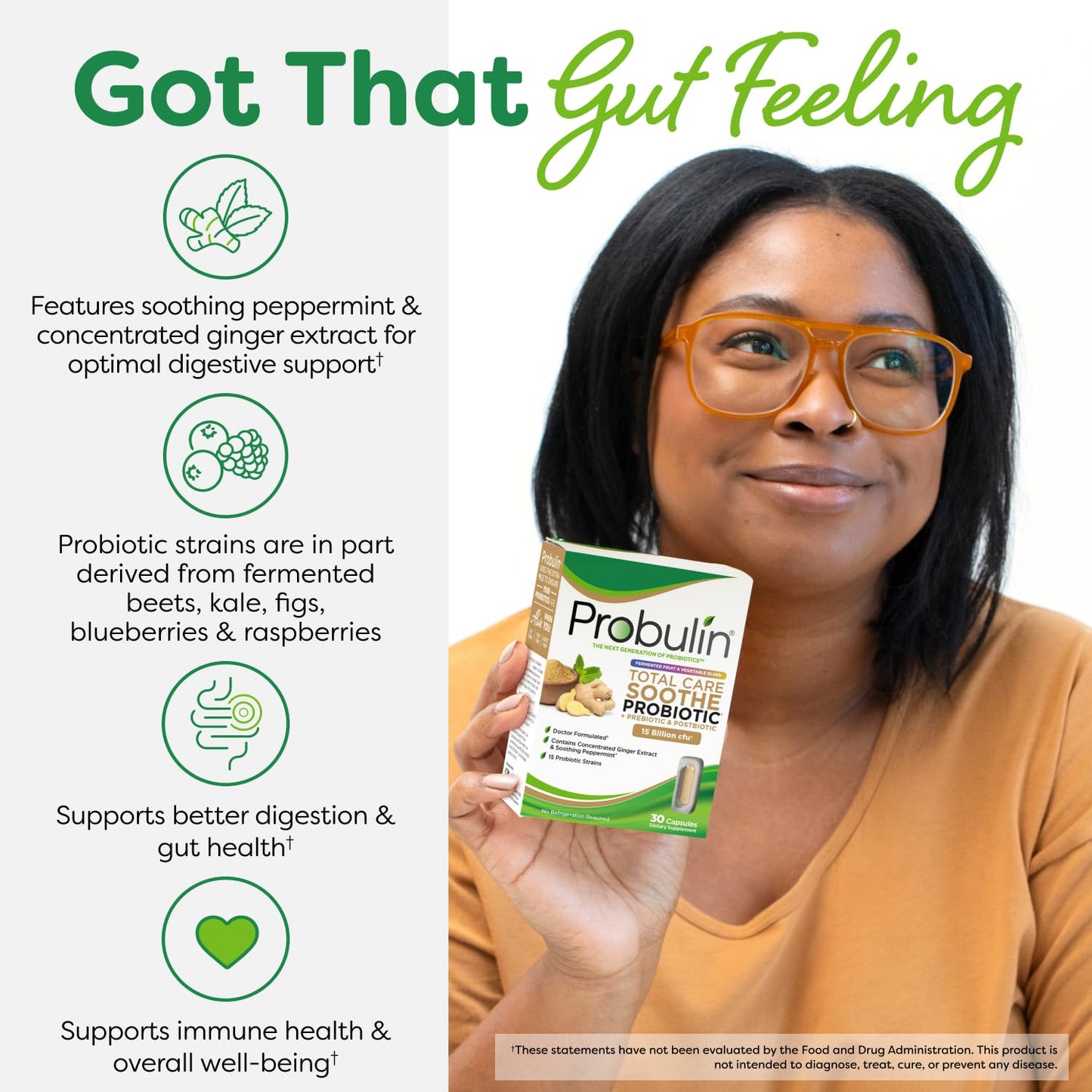 Probulin Total Care Soothe Prebiotics + Probiotics + Postbiotics with Ginger Extract & Peppermint, 15 Billion CFU, 15 Strains, 90 Capsules