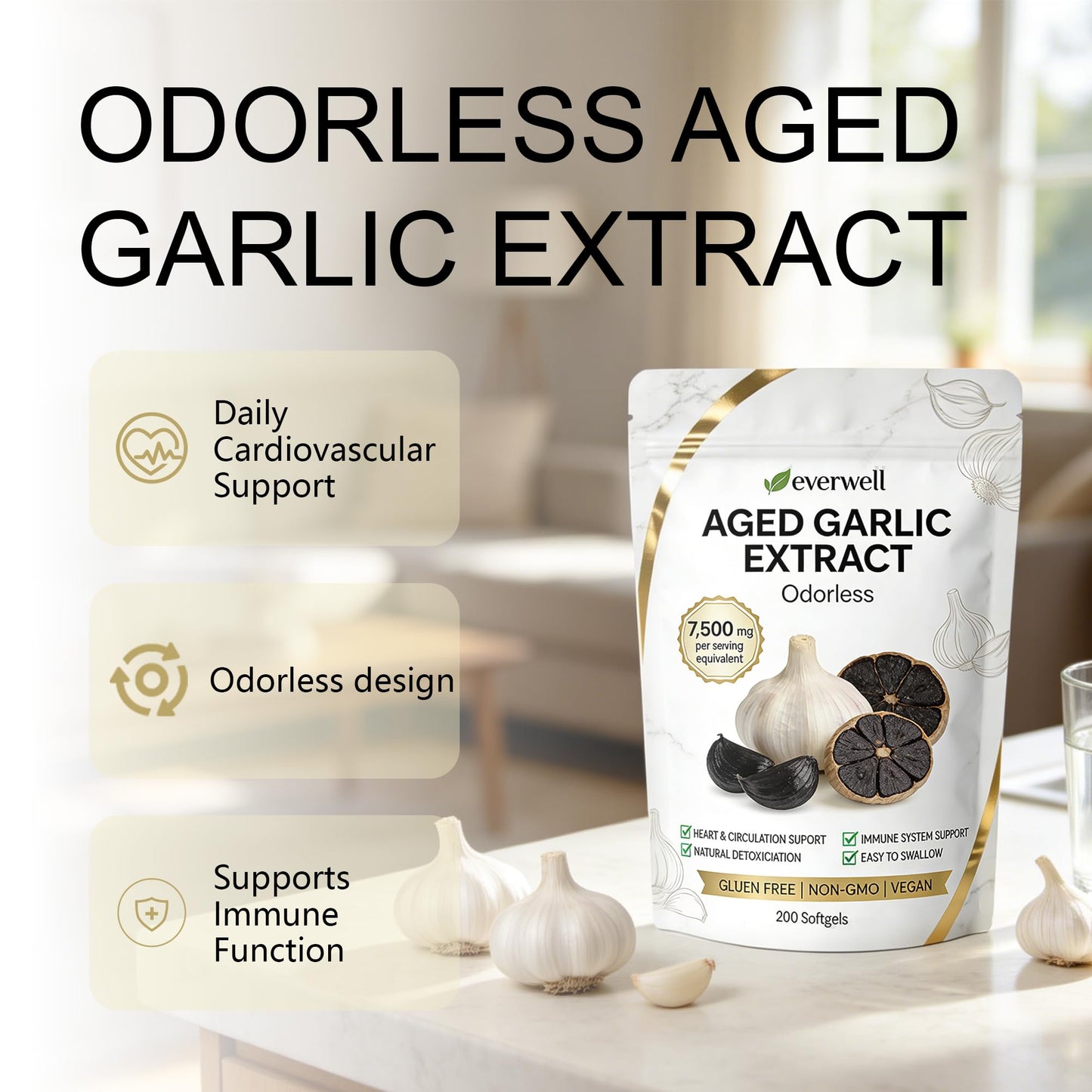 motilli Everwell Aged Garlic Extract Odorless Garlic Supplement Softgels 200 Count