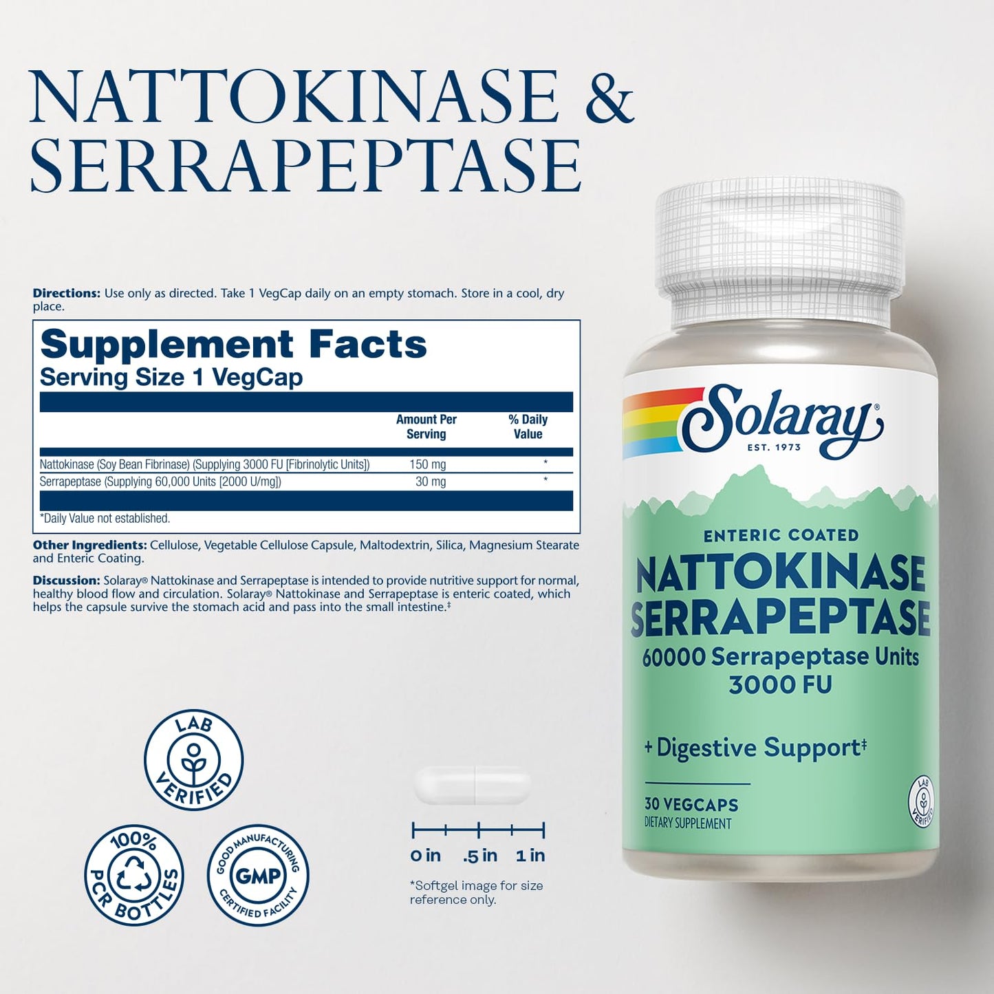 SOLARAY Nattokinase Serrapeptase Supplement Capsules 30