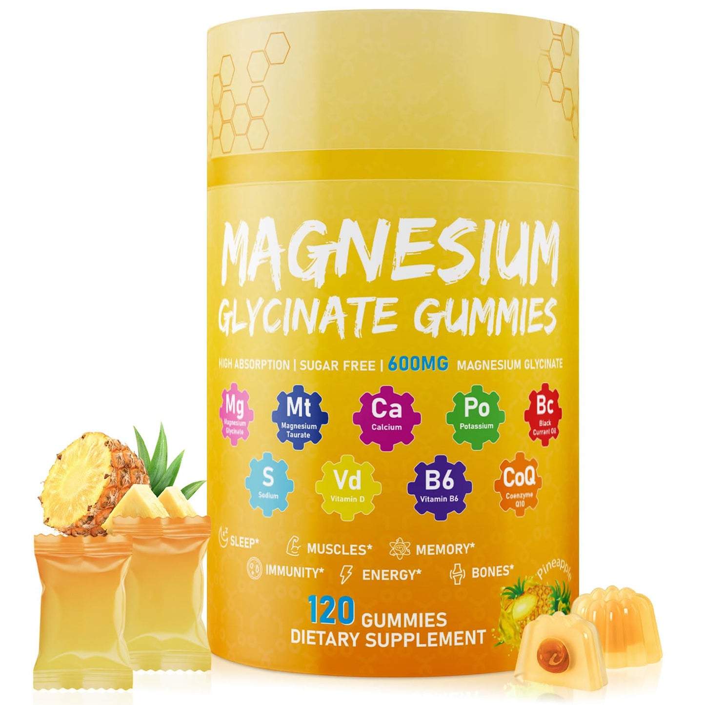 Xytora Magnesium Glycinate Gummies 600mg, Pineapple Flavor, Sugar Free, Vegan & Non-GMO, 120 Count