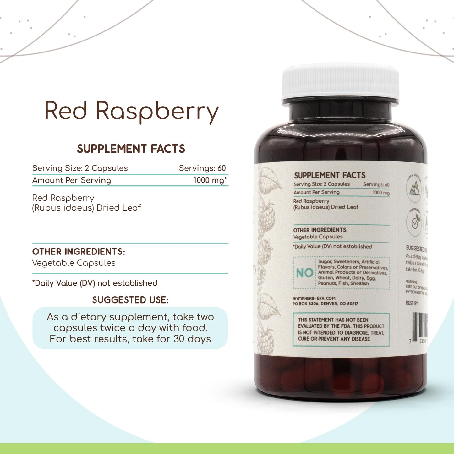 HerbEra Red Raspberry 500 mg Dried Leaf Capsules, 120 Count
