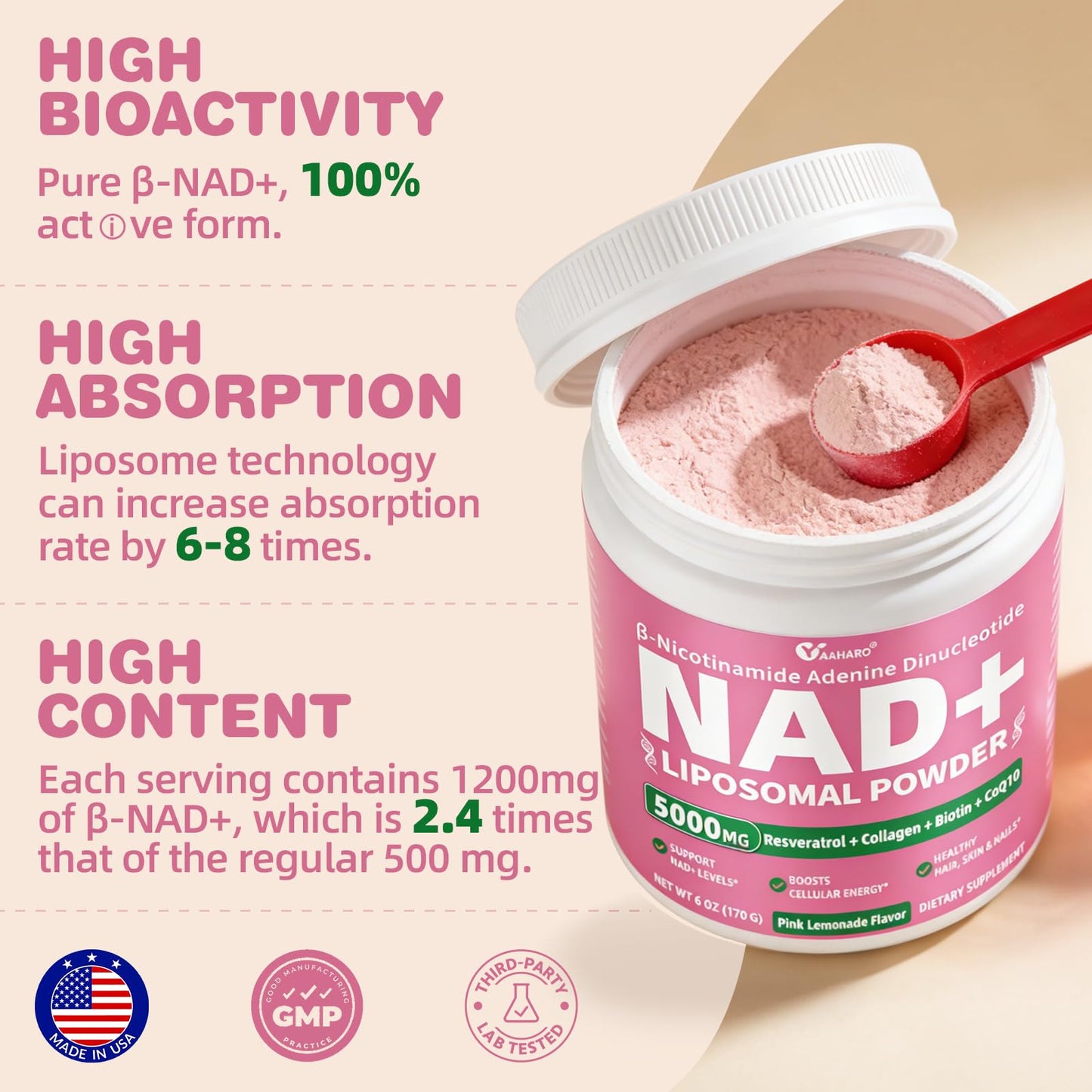 YAAHARO NAD Supplements for Women 5000mg Liposomal NAD+ Powder for Cellular Energy, 6 Ounce