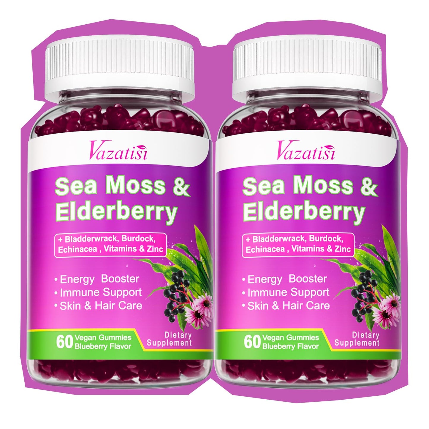 Vazatisi Elderberry Gummies with Sea Moss, Vitamin C & Zinc for Immune Support, Blueberry Flavor, 120 Gummies