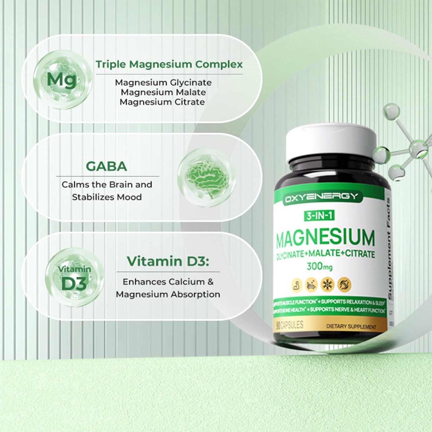 OxyEnergy Triple Magnesium Complex Supplement, 3 in 1 Chelated Magnesium (Glycinate, Malate, Citrate), 300 mg per Capsule, High Absorption, Vegan, 90 Capsules