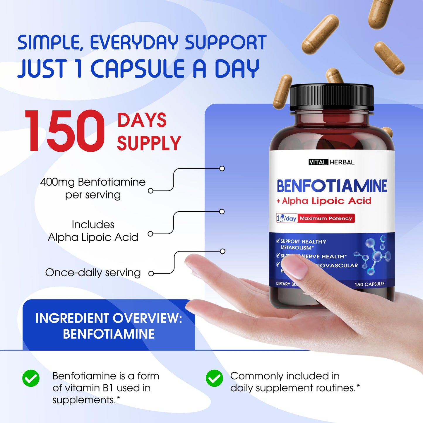 VITAL HERBAL Benfotiamine Supplement with Alpha Lipoic Acid, 150 Capsules