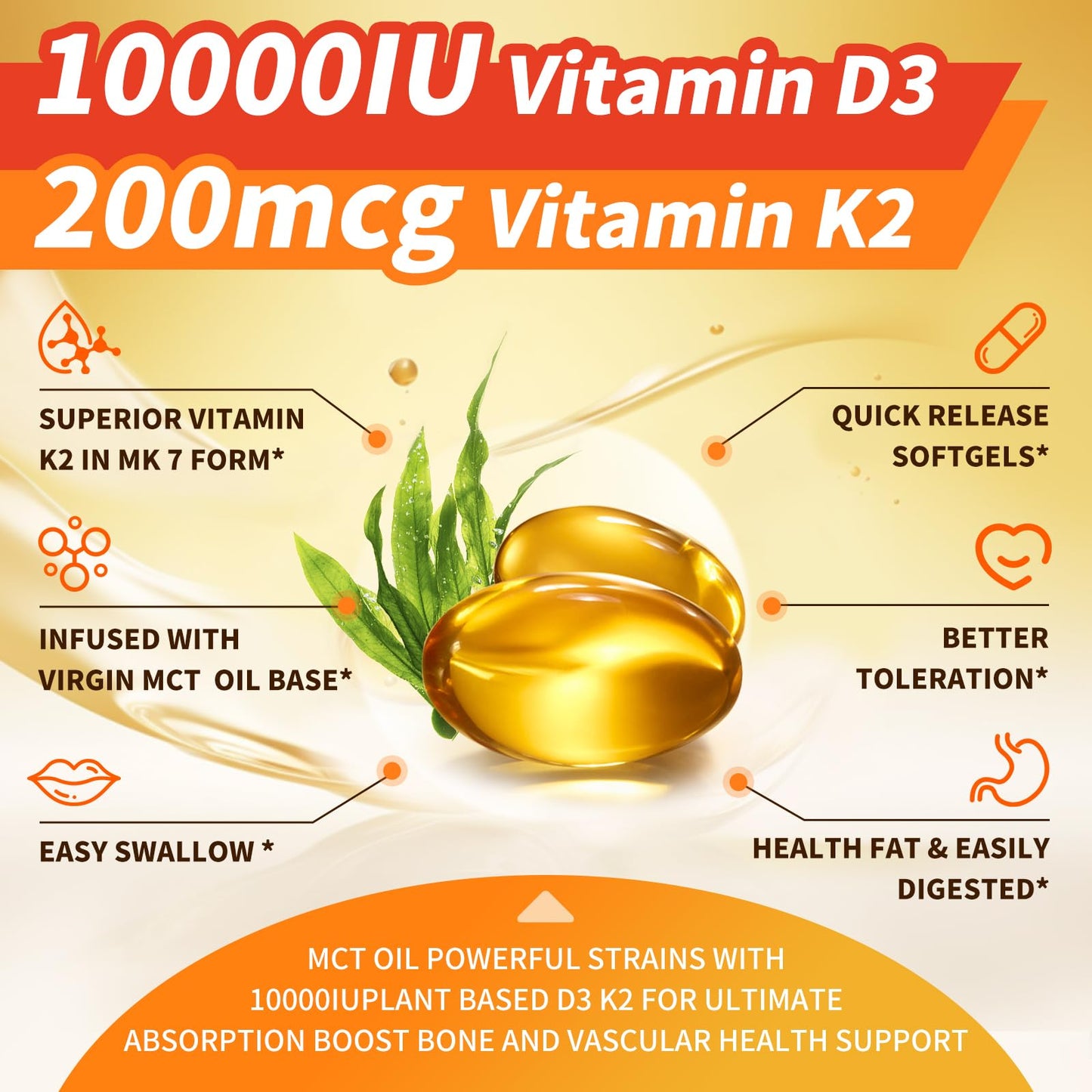 Mulittea Vitamin D3 K2 10000 IU w/ MK7 for Bone, Immune & Heart Health Softgels, 250