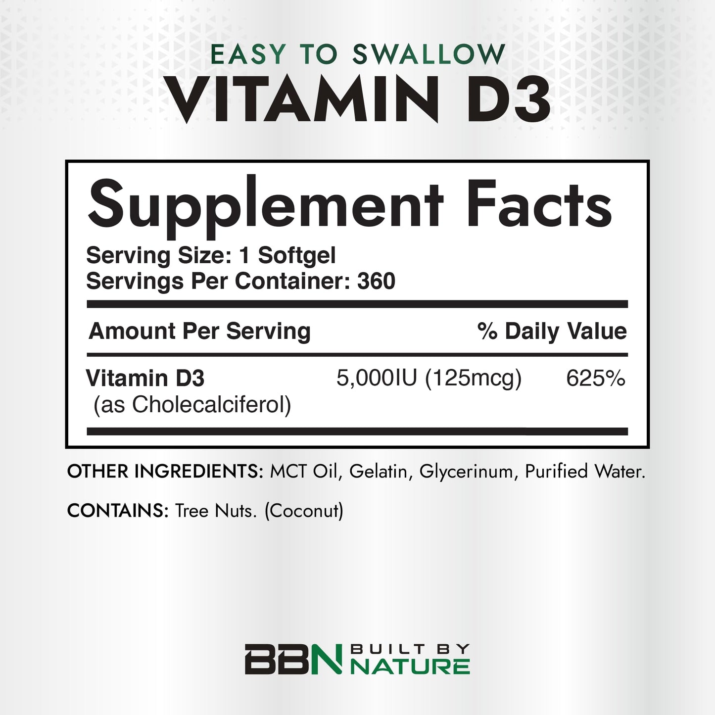 Built by Nature Vitamin D3 5000 IU Supplement 360 Softgels