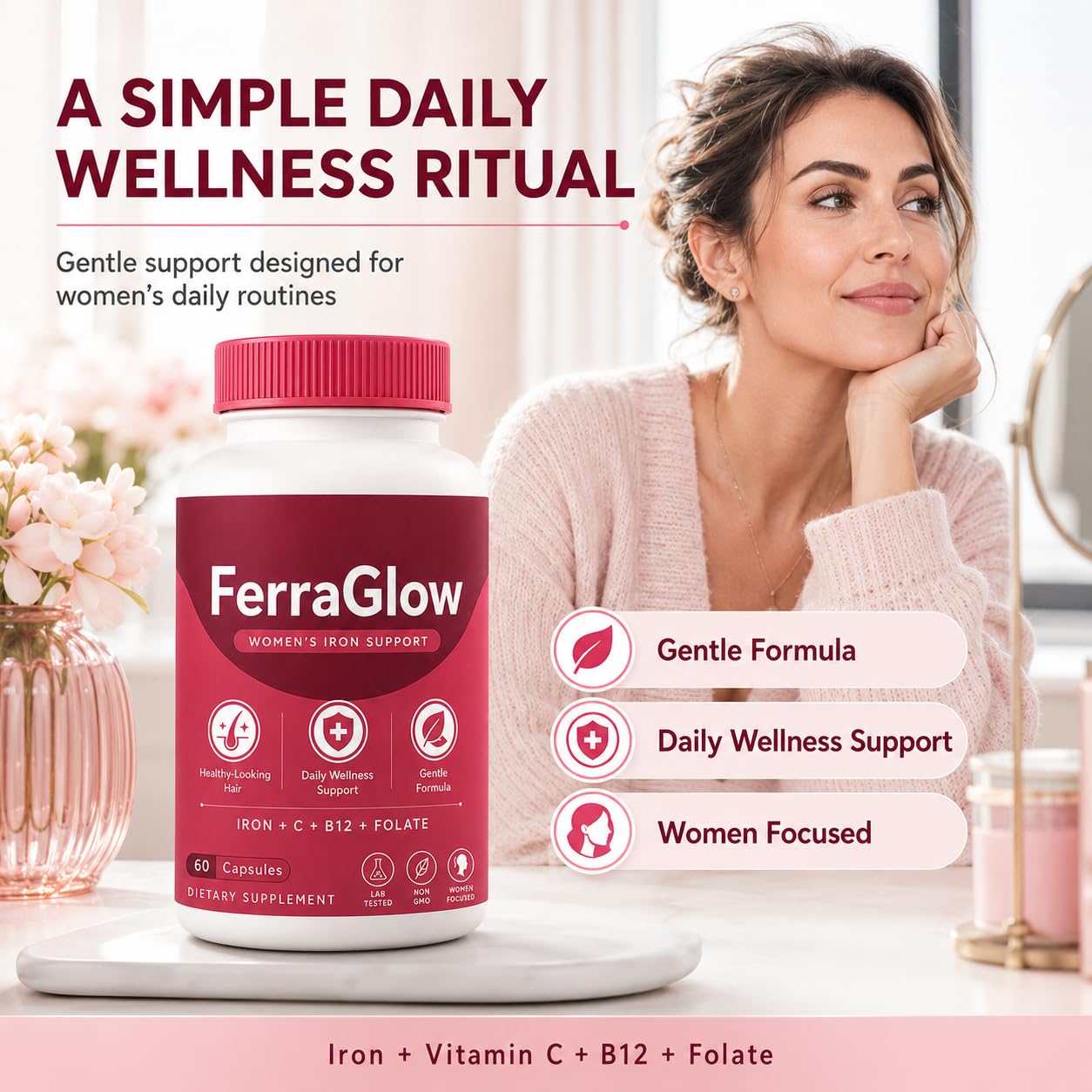NOVORIC FerraGlow Iron Support Capsules with Iron Bisglycinate Lactoferrin Vitamin C B12 and Gentle Absorption Formula for Women Daily Wellness Hair Energy Support, 60 Count