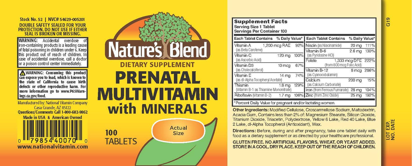 Nature's Blend Prenatal Formula Multivitamin Tablets 100 Count