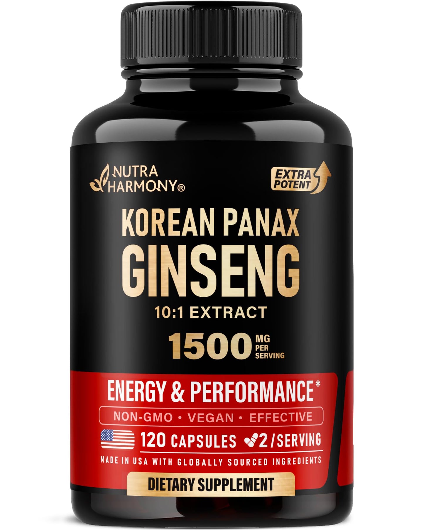 NUTRAHARMONY Panax Ginseng 1500 mg Red Korean Ginseng Supplement for Men Extra Strength 10:1 Extract Natural & Vegan Lab Tested 120 Capsules