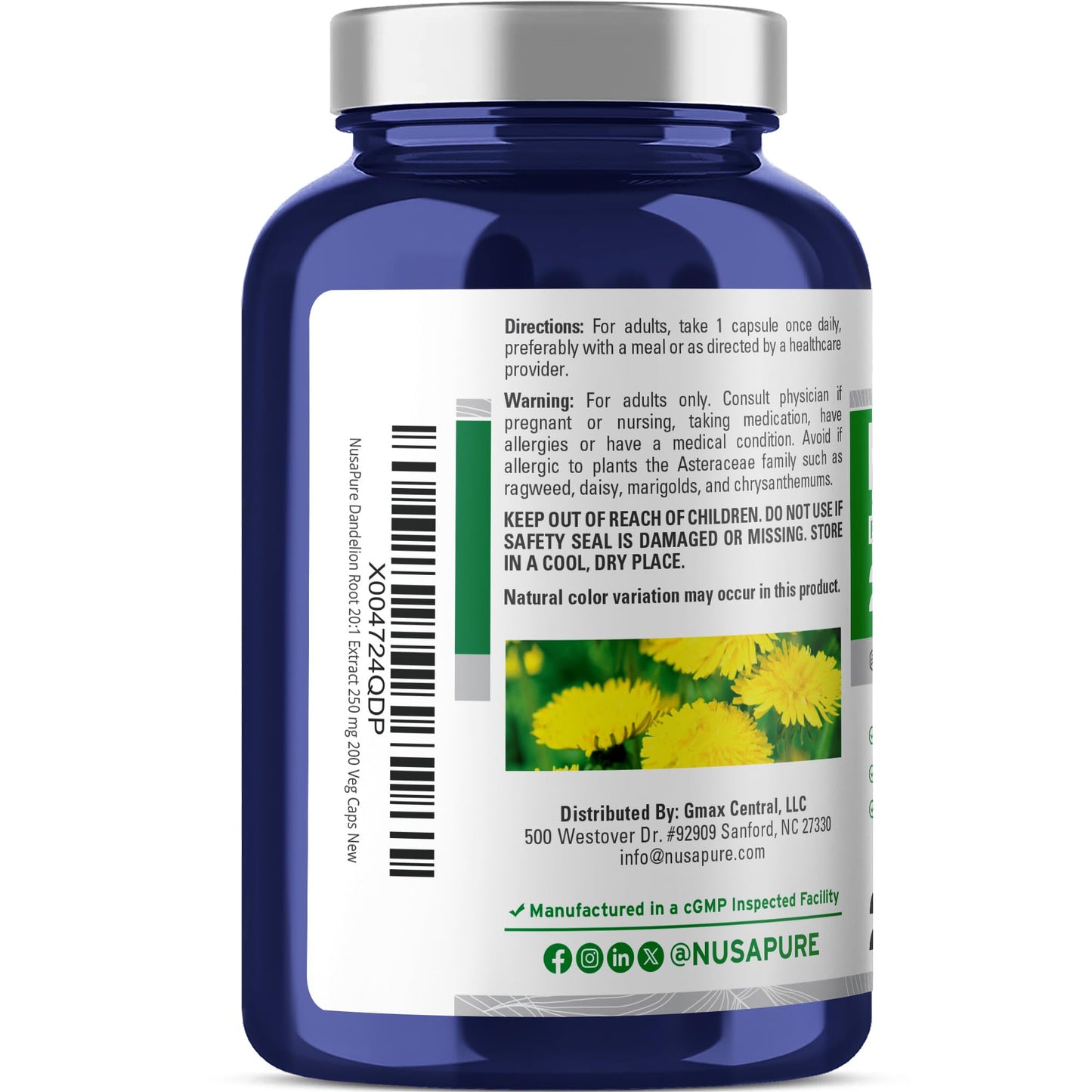NusaPure Dandelion Root 250 mg Capsules, 200 Count, Non-GMO, Vegan