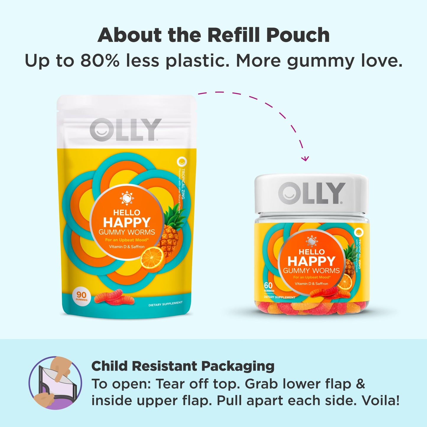 OLLY Hello Happy Gummy Worms Gummy, 90 Count
