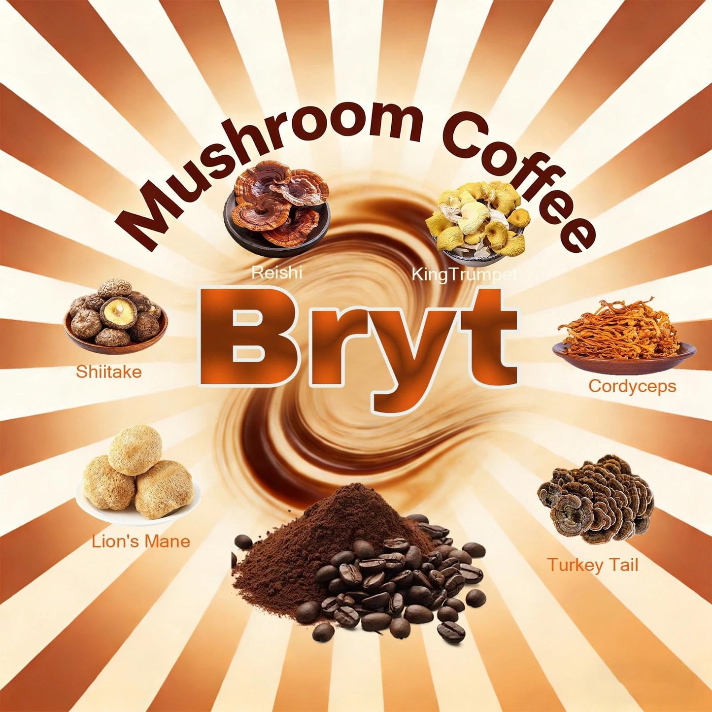 Curvani Bryt Mushroom Coffee with 6 Adaptogenic Mushrooms + Collagen – Steady Energy, Focus & Immunity Support, Powder, 6.35 oz