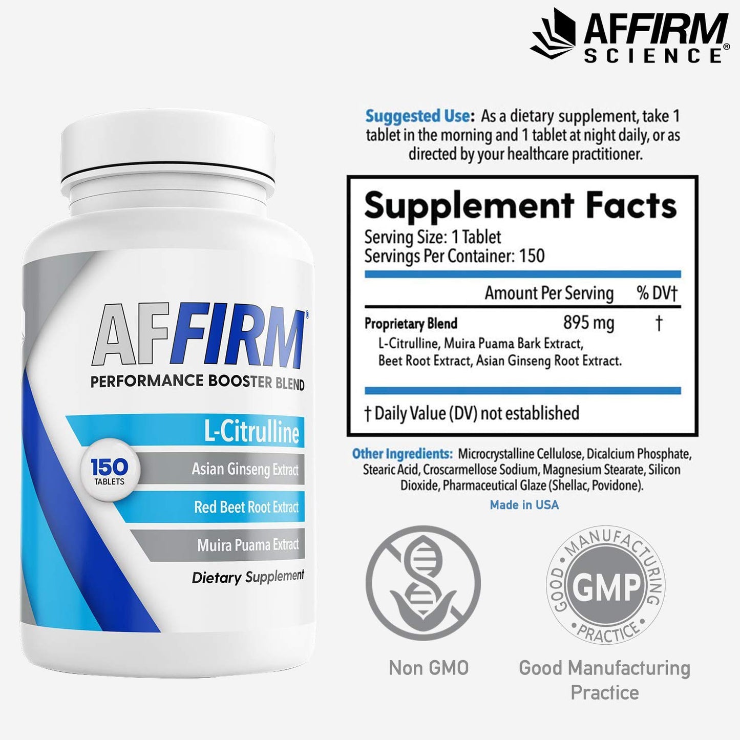 Affirm L-Citrulline Dietary Supplement 750mg Tablet, 150 Tablets