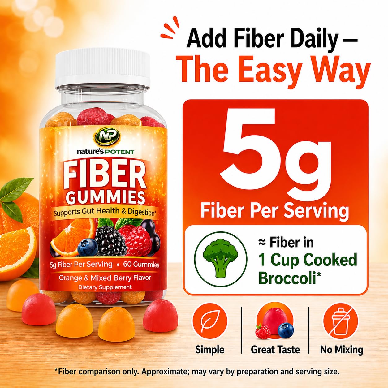 Nature's Potent Fiber Gummies for Adults – Prebiotic Fiber Supplement, 60 Count