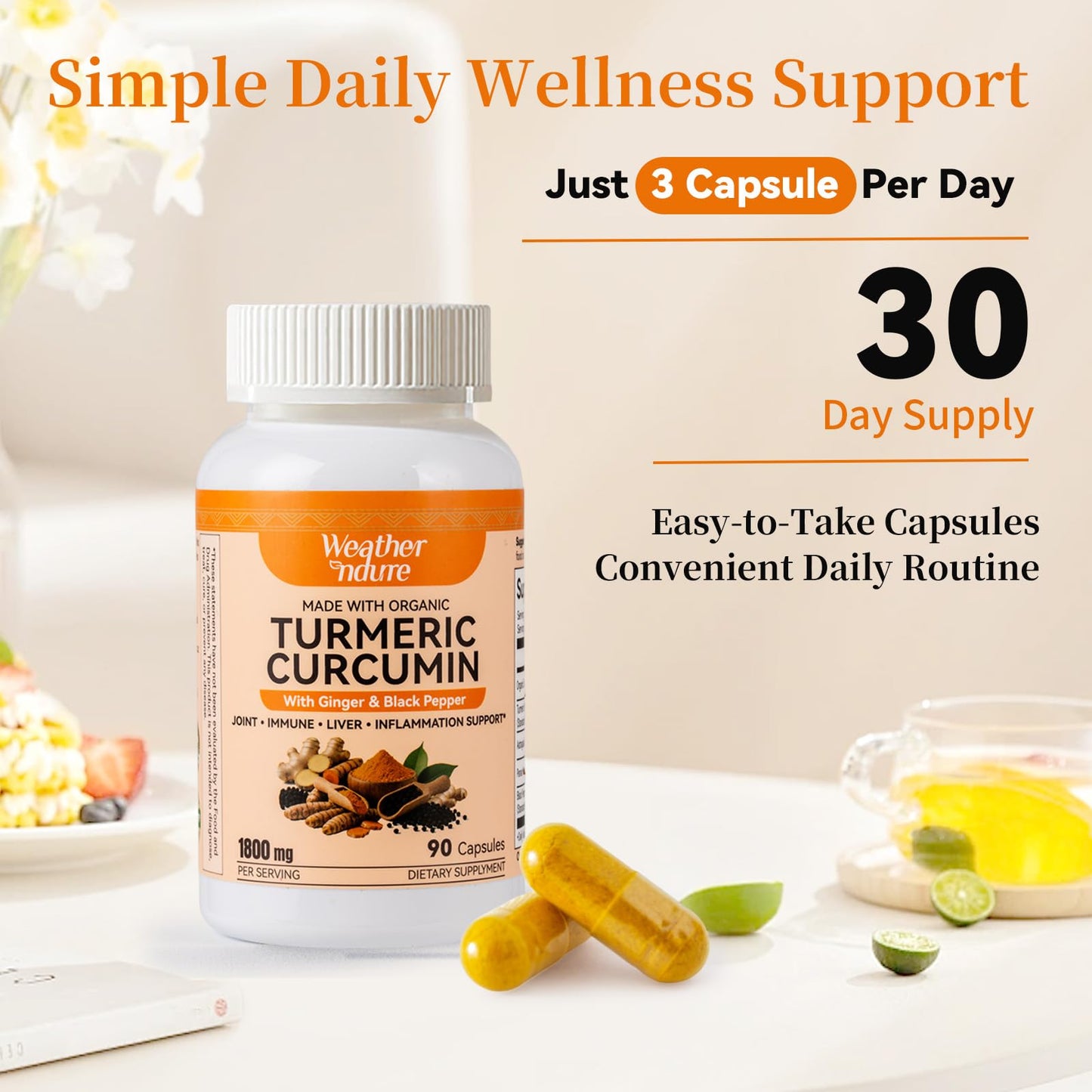 Weatherndure Turmeric Curcumin with BioPerine Immune System Support Standardized to 95% Curcuminoids Enhanced Absorption*, 90 Veg Capsules