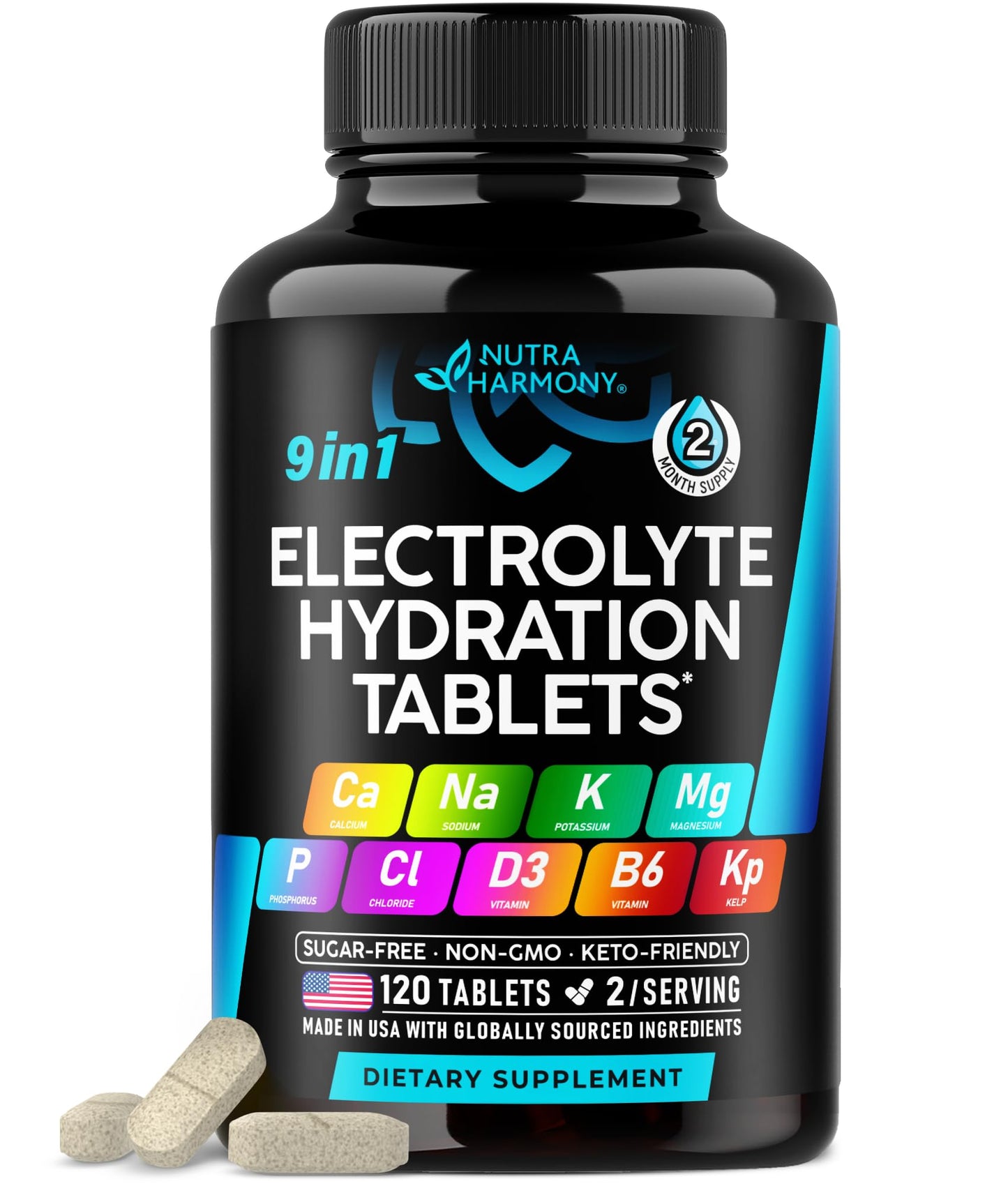 NUTRAHARMONY Electrolyte Tablets with Magnesium, Sodium, Potassium, Chloride, Vitamins D3 & B6, Kelp Powder 120 Tablets