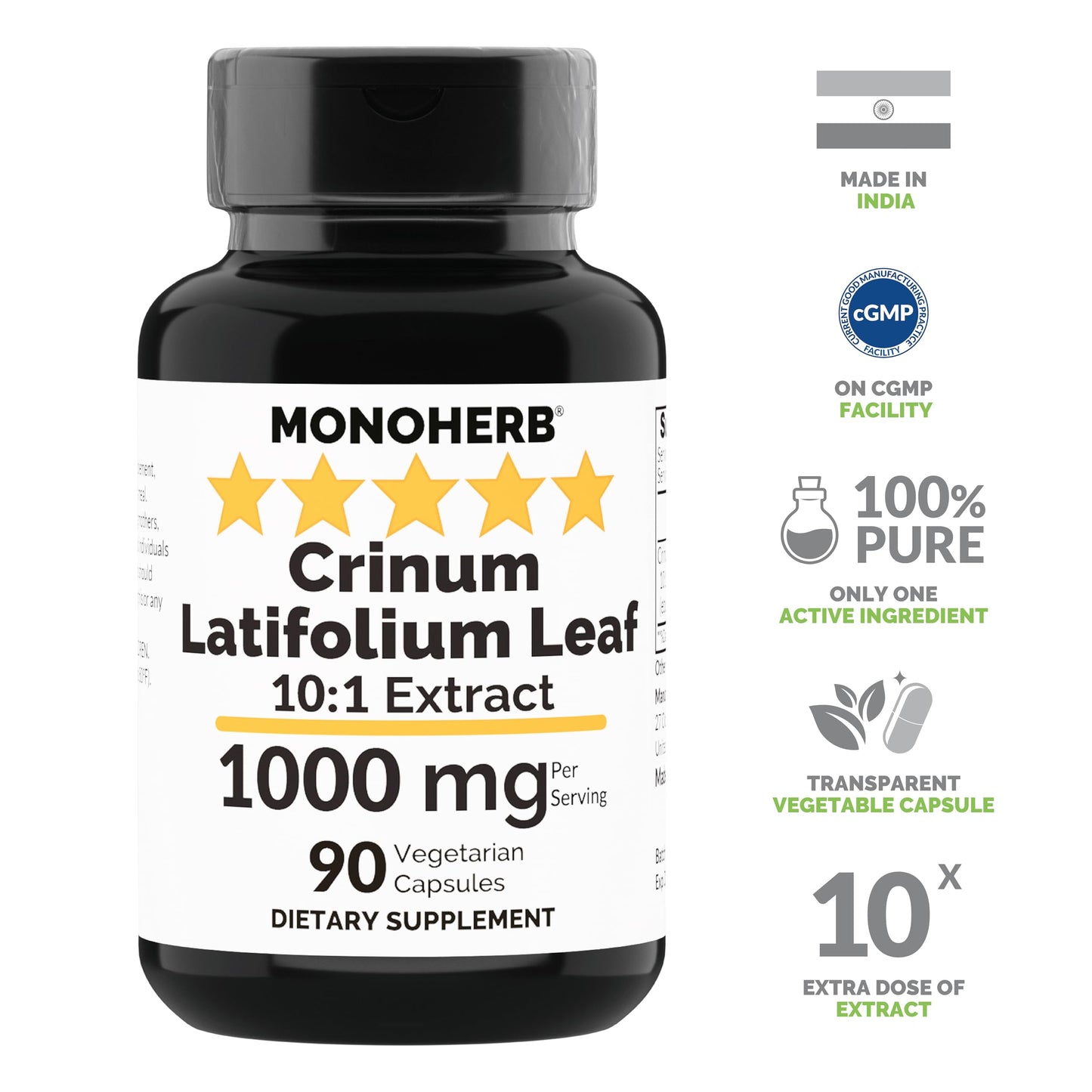 MONOHERB Crinum Latifolium Leaf Extract 1000 mg Capsules, 90 Count