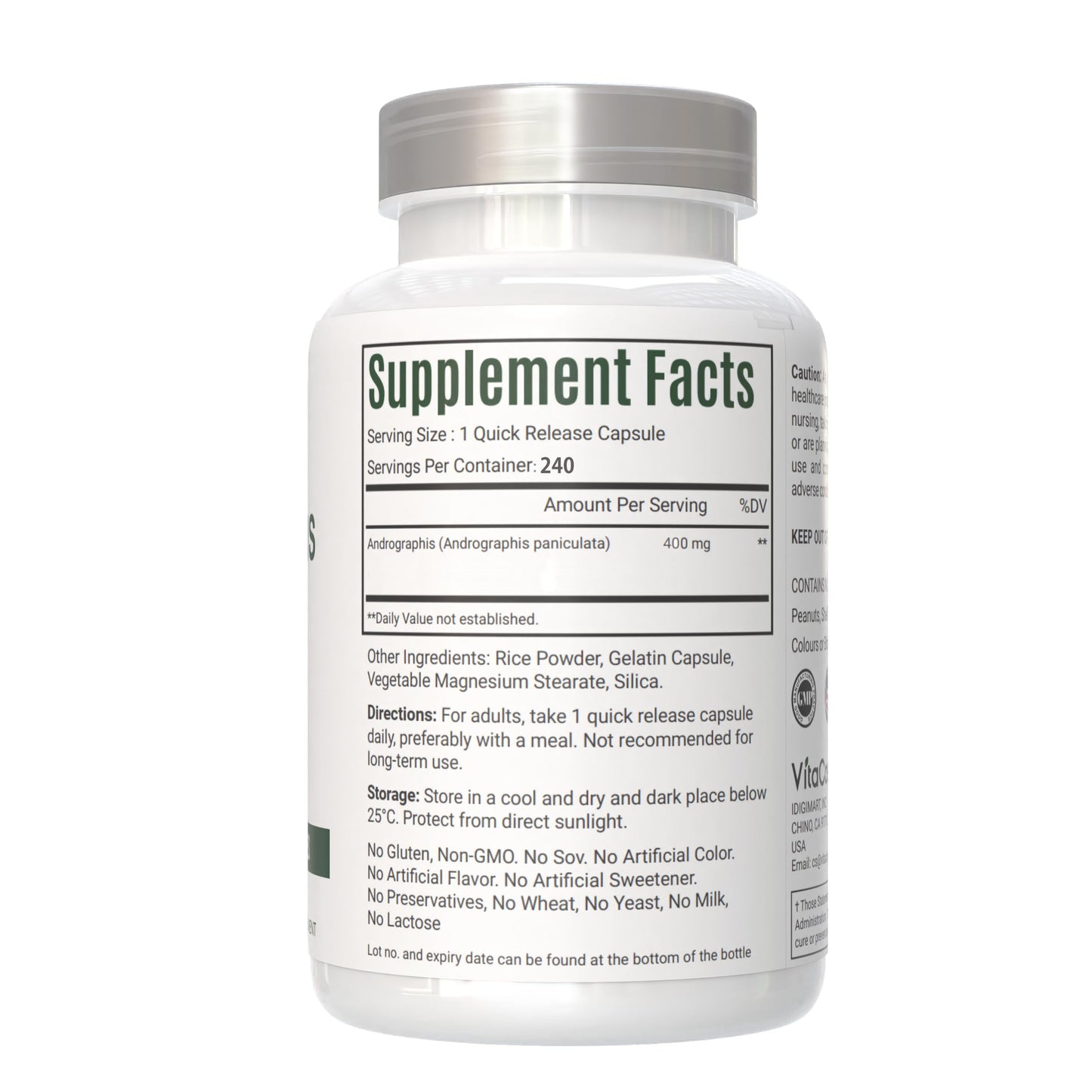 VitaCosmoX Andrographis Paniculata Capsules, 240 Count