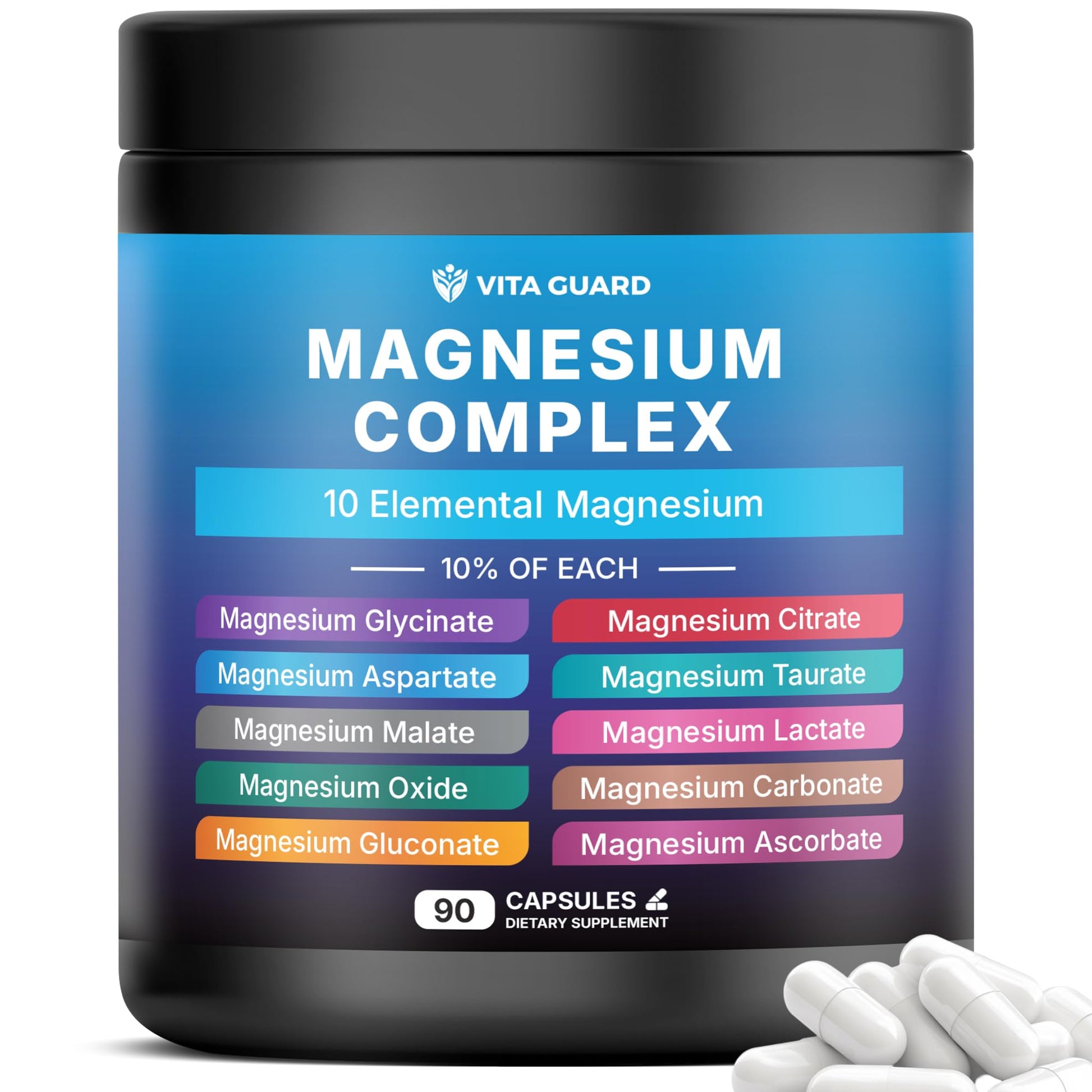 Vita Guard Magnesium Complex 1480mg – 10-in-1 with Glycinate, Citrate, Malate & More – High Absorption – Sleep, Muscle, Nerve & Heart Support Capsules, 45 Count