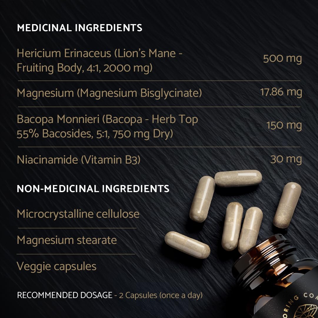 The Sporing Company Mycoveda Cognition Lions Mane Mushroom, Bacopa Monnieri Capsules, 60 Count