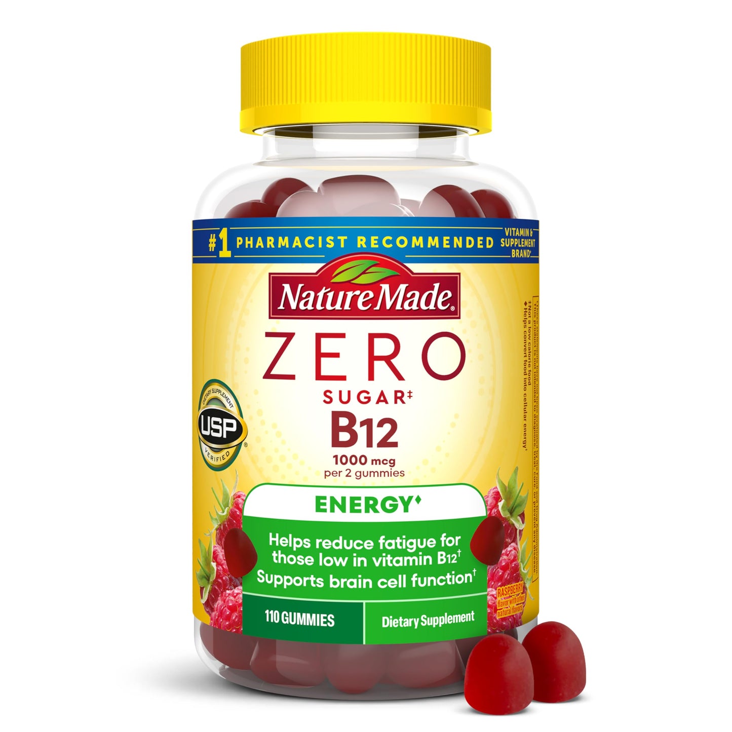 Nature Made Vitamin B12 Gummies, 1000 mcg per Serving, Zero Sugar, Energy Metabolism Support, Aspartame Free, 110 Gummies