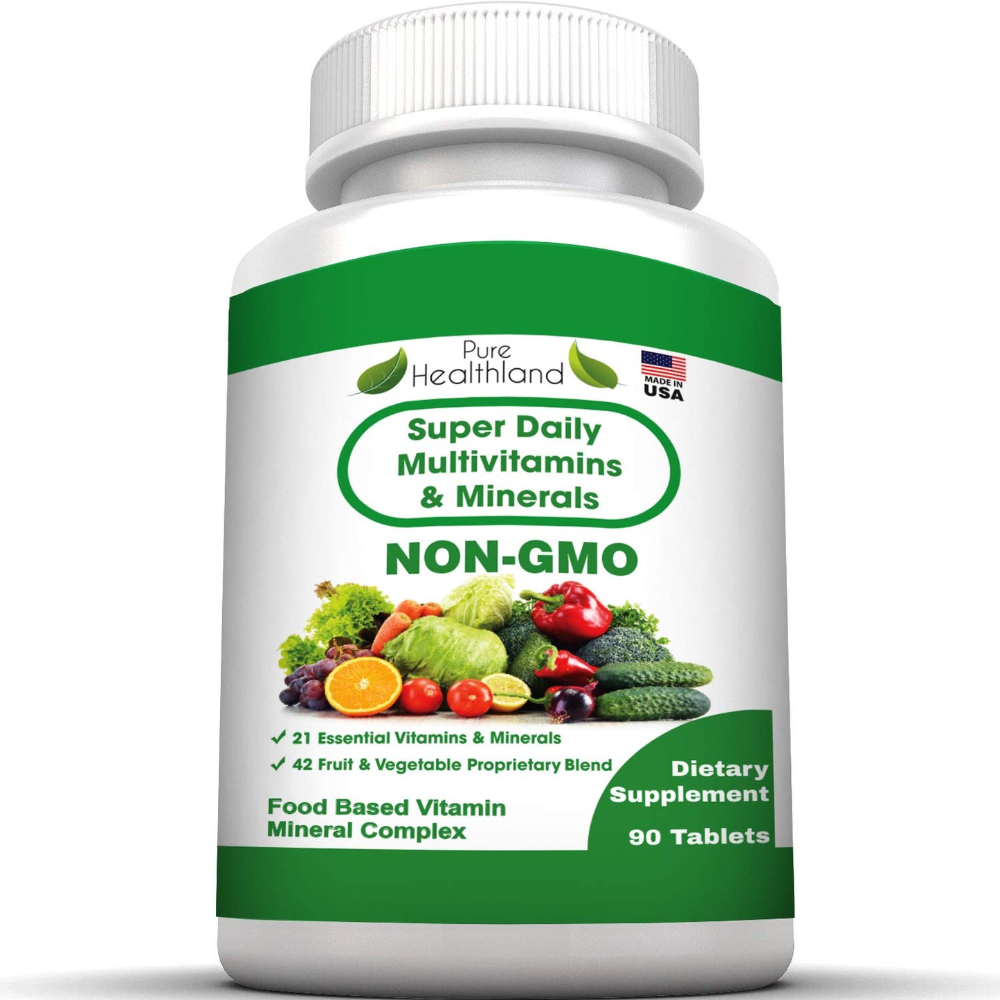 Pure Healthland Non-GMO Super Daily Multivitamin for Adults – 42 Natural Fruits & Vegetables Blend with 21 Essential Vitamins & Minerals – Vegan Coating Tablets, 90 Count