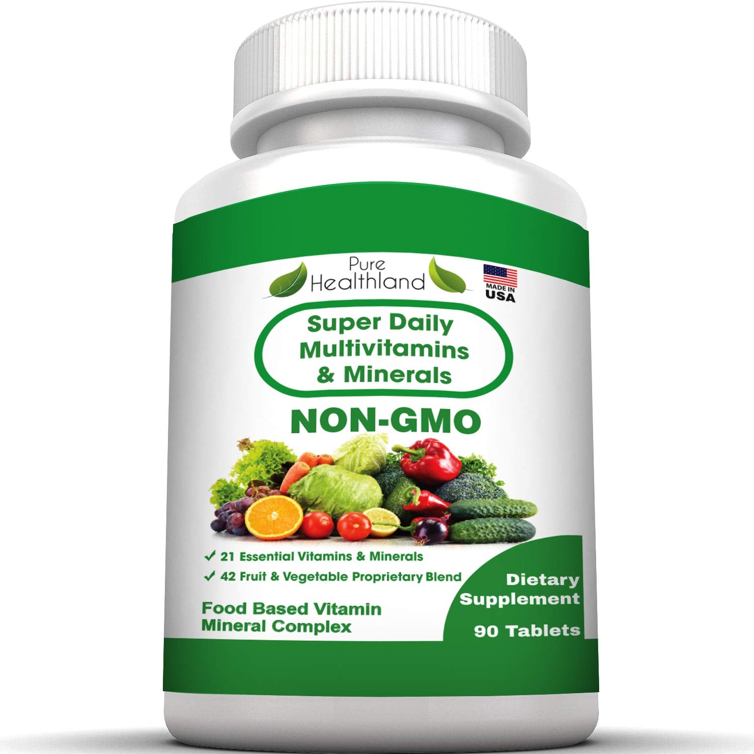 Pure Healthland Non-GMO Super Daily Multivitamin for Adults – 42 Natural Fruits & Vegetables Blend with 21 Essential Vitamins & Minerals – Vegan Coating Tablets, 90 Count