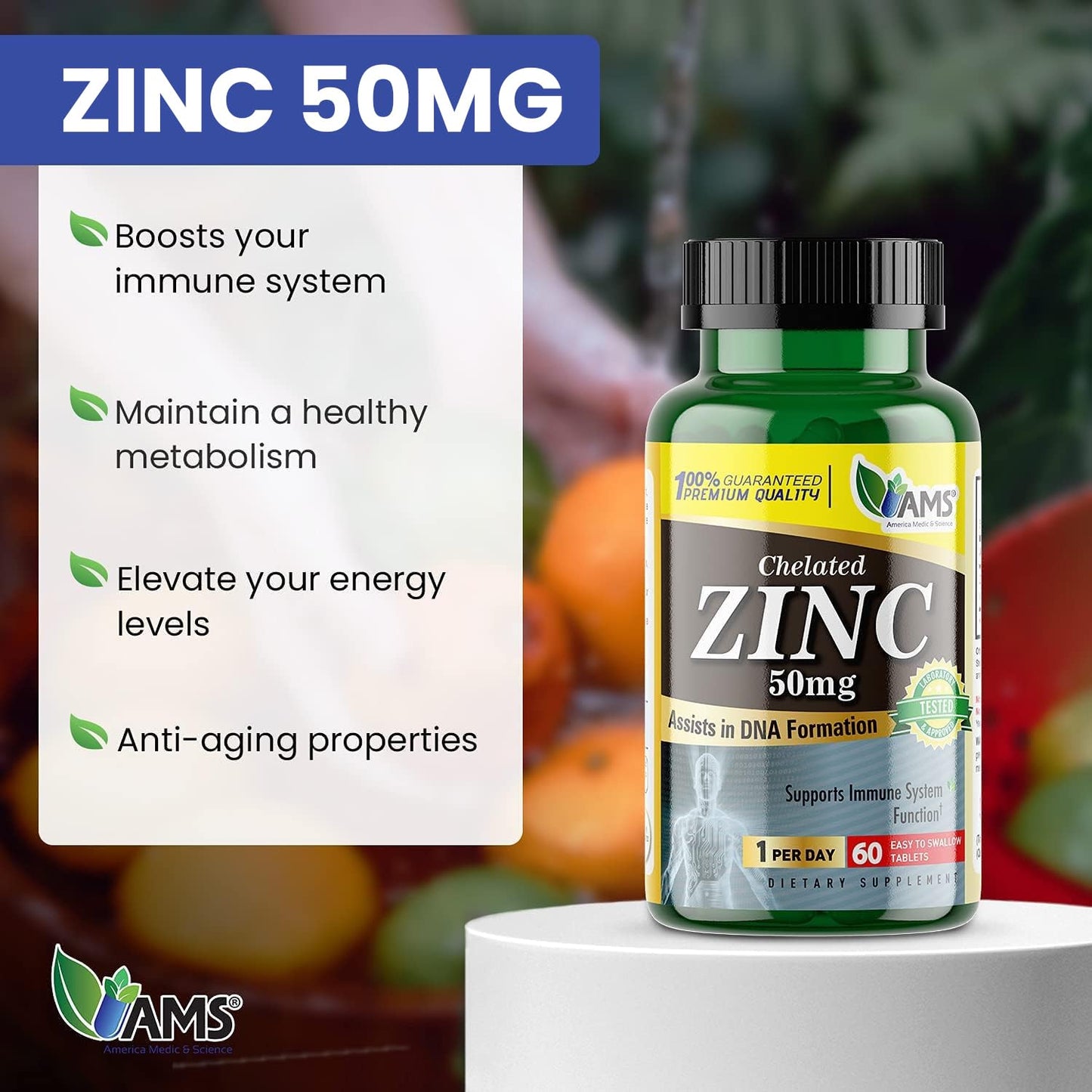 America Medic & Science Chelated Zinc 50 mg Supplements Tablet 300 Tablets