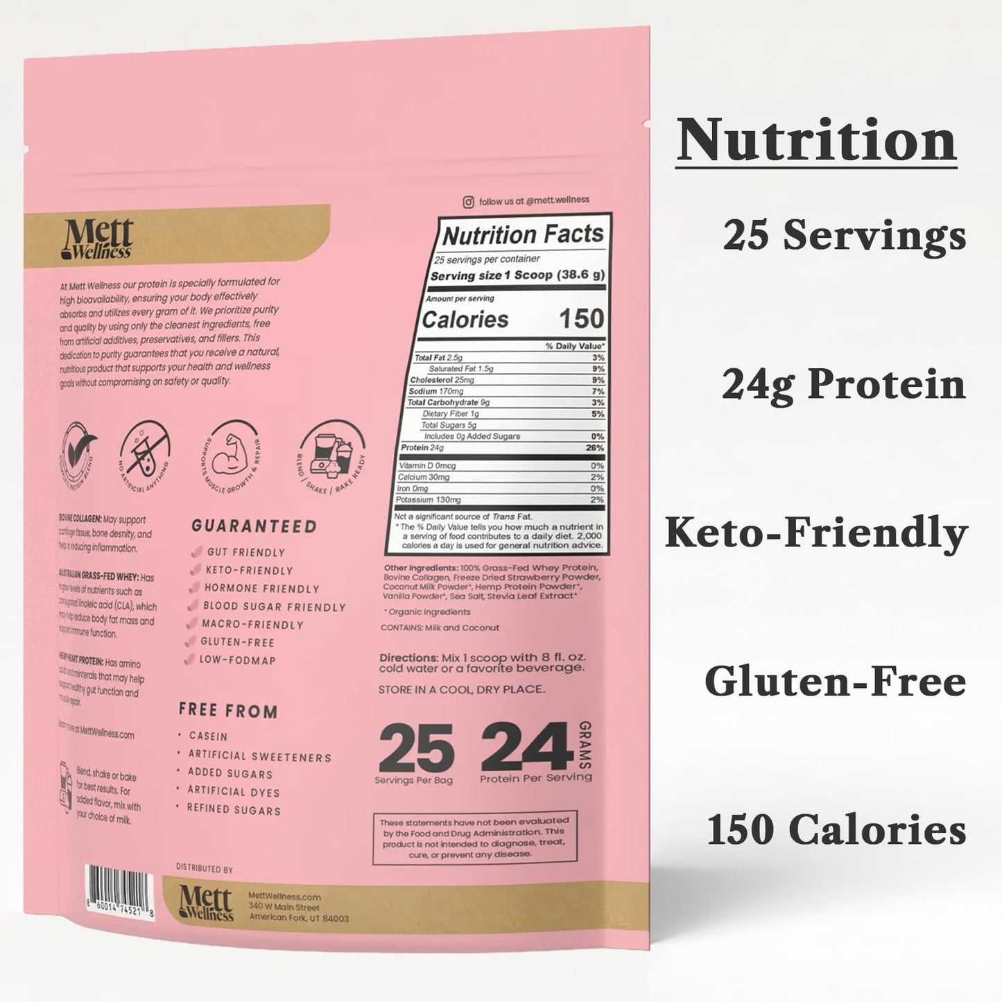 Mett Wellness Strawberries & Cream Grass-Fed Whey + Hemp Heart Protein Powder with Bovine Collagen, 25 Servings, Powder