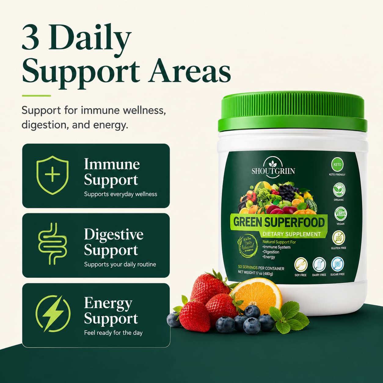 SHOUTGRIIN Green Superfood Powder 17 Ounce Pack of 1