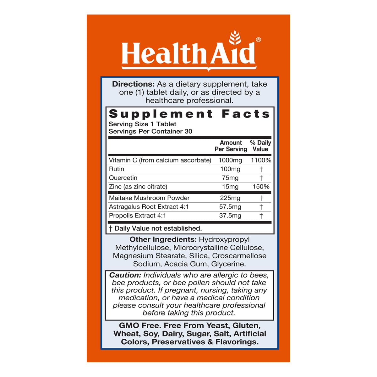 HealthAid ImmuProtect Daily Immune Support Vitamin C, Zinc, Quercetin & Propolis with Astragalus & Maitake - Vegetarian, 30 Tablets