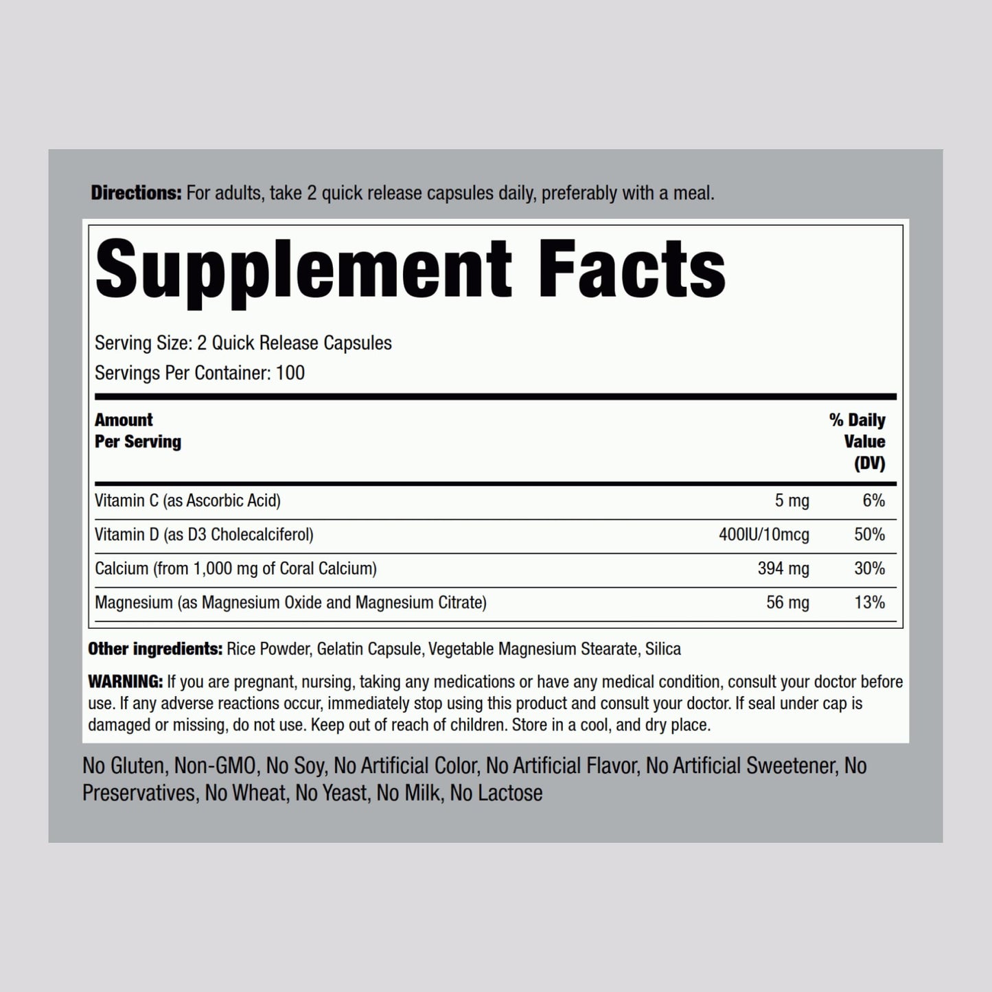 Piping Rock Coral Calcium 1000 mg Capsules, 200 Count