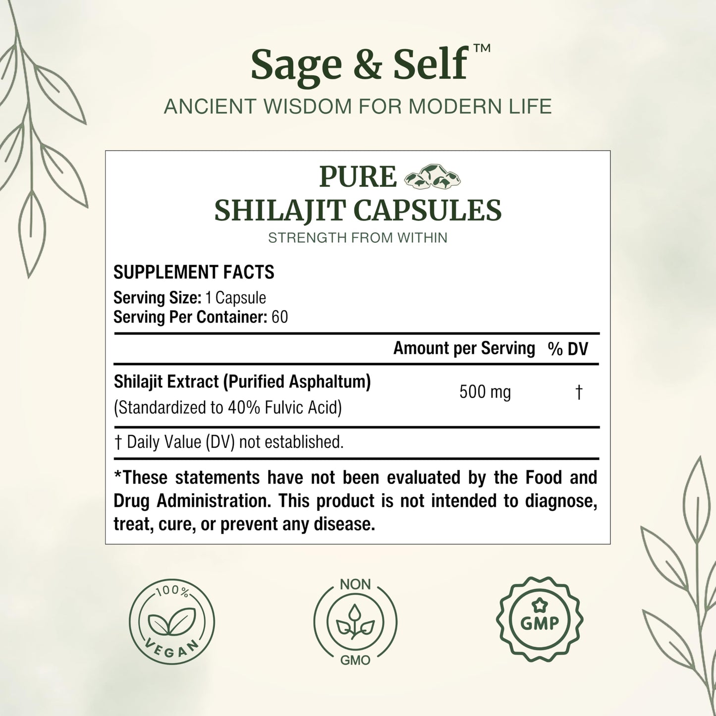 Sage & Self Pure Shilajit Capsules – Purified Shilajit Extract (40% Fulvic Acid) – 500 mg Per Capsule – Vegan Herbal Supplement, 60 Capsules