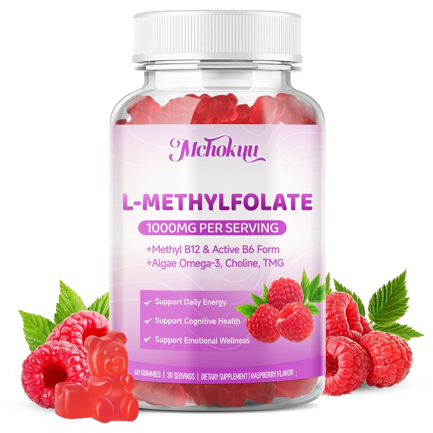 Mchokuu L-Methylfolate (5-MTHF) Gummies 1000mcg, Active Folate Supplement with Methyl B12, Choline, TMG & Omega-3, 60 Gummies