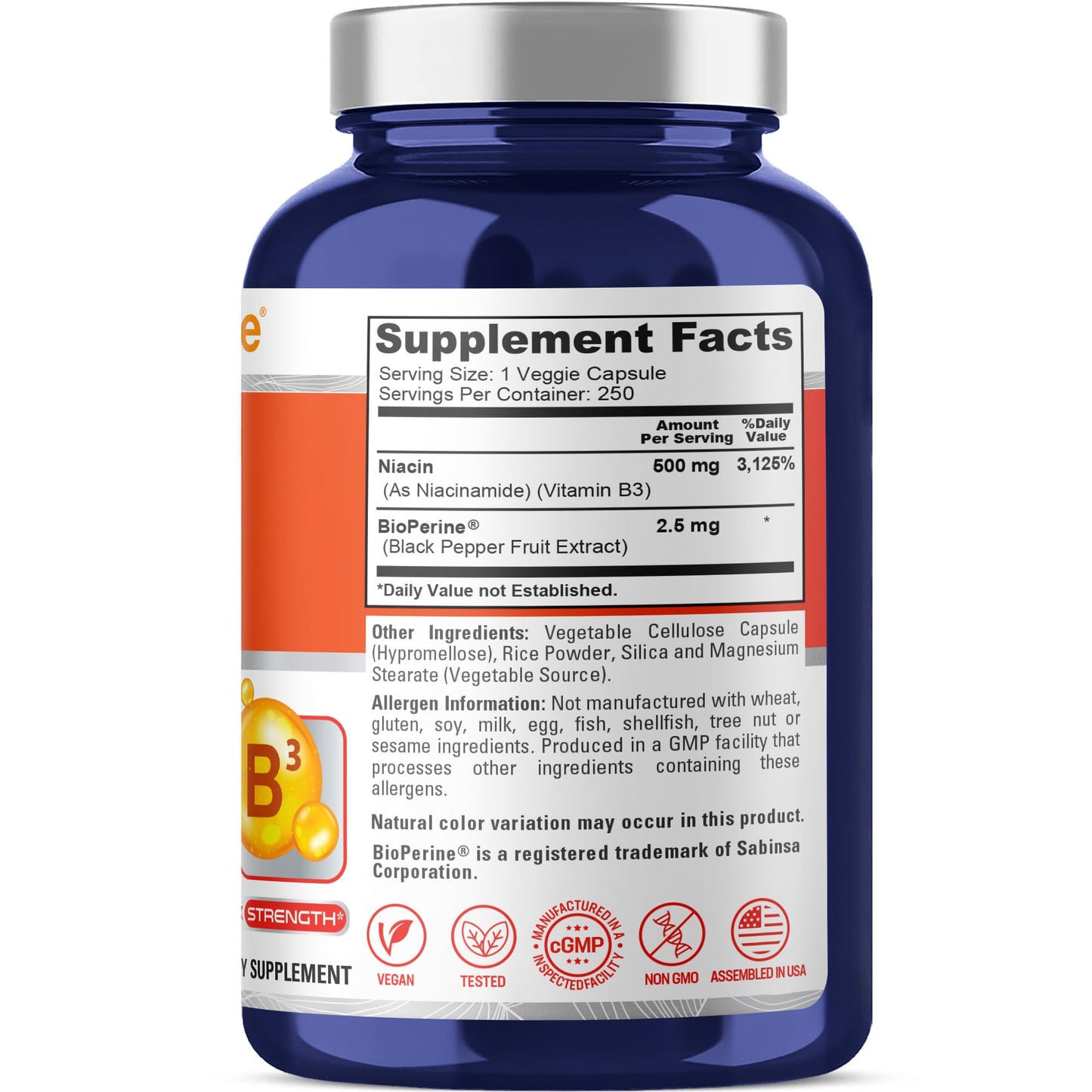NusaPure Flush Free Niacin 500 mg Capsules, 250 Count