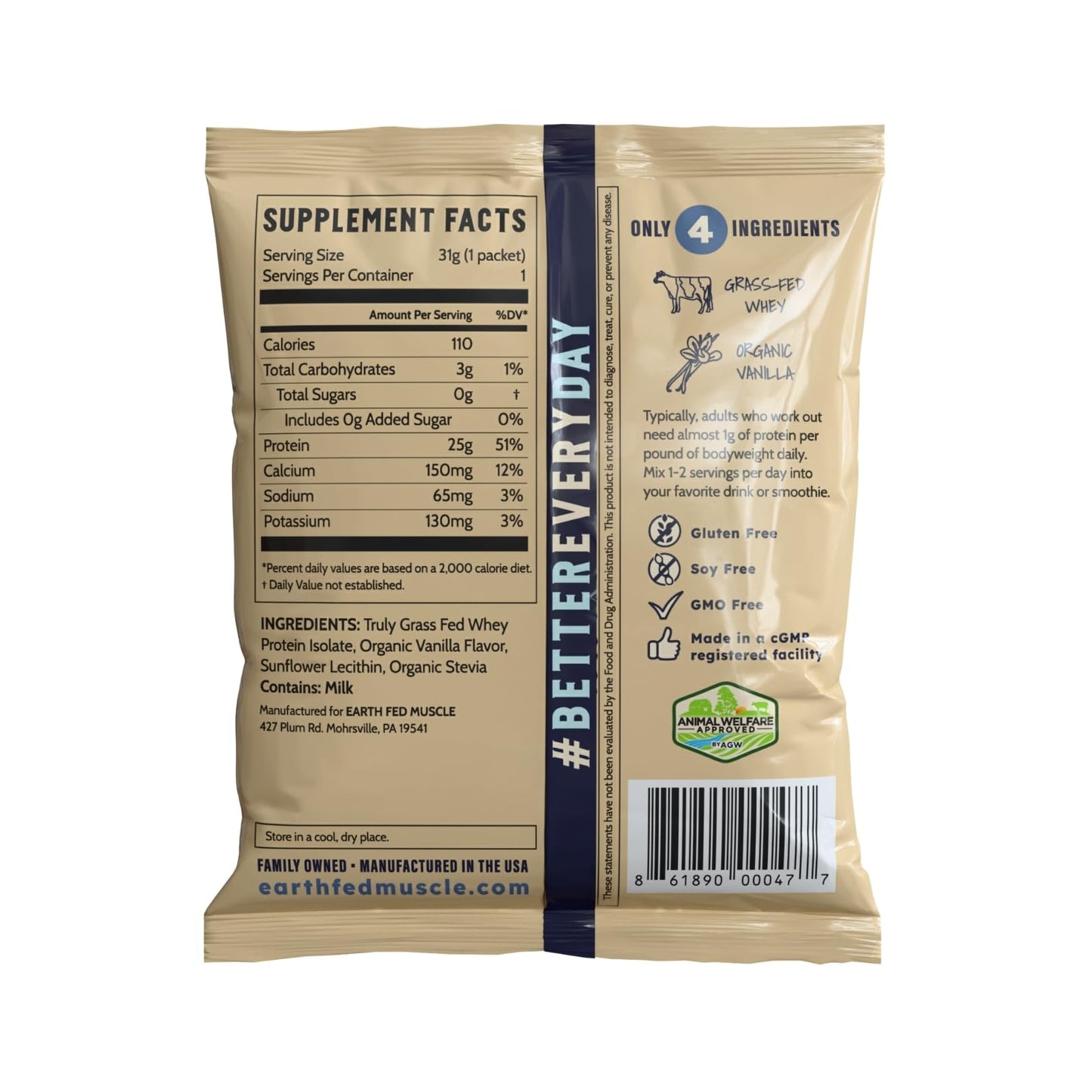 Earth Fed Muscle Whey Protein Isolate Vanilla Powder, 1.09 Ounce