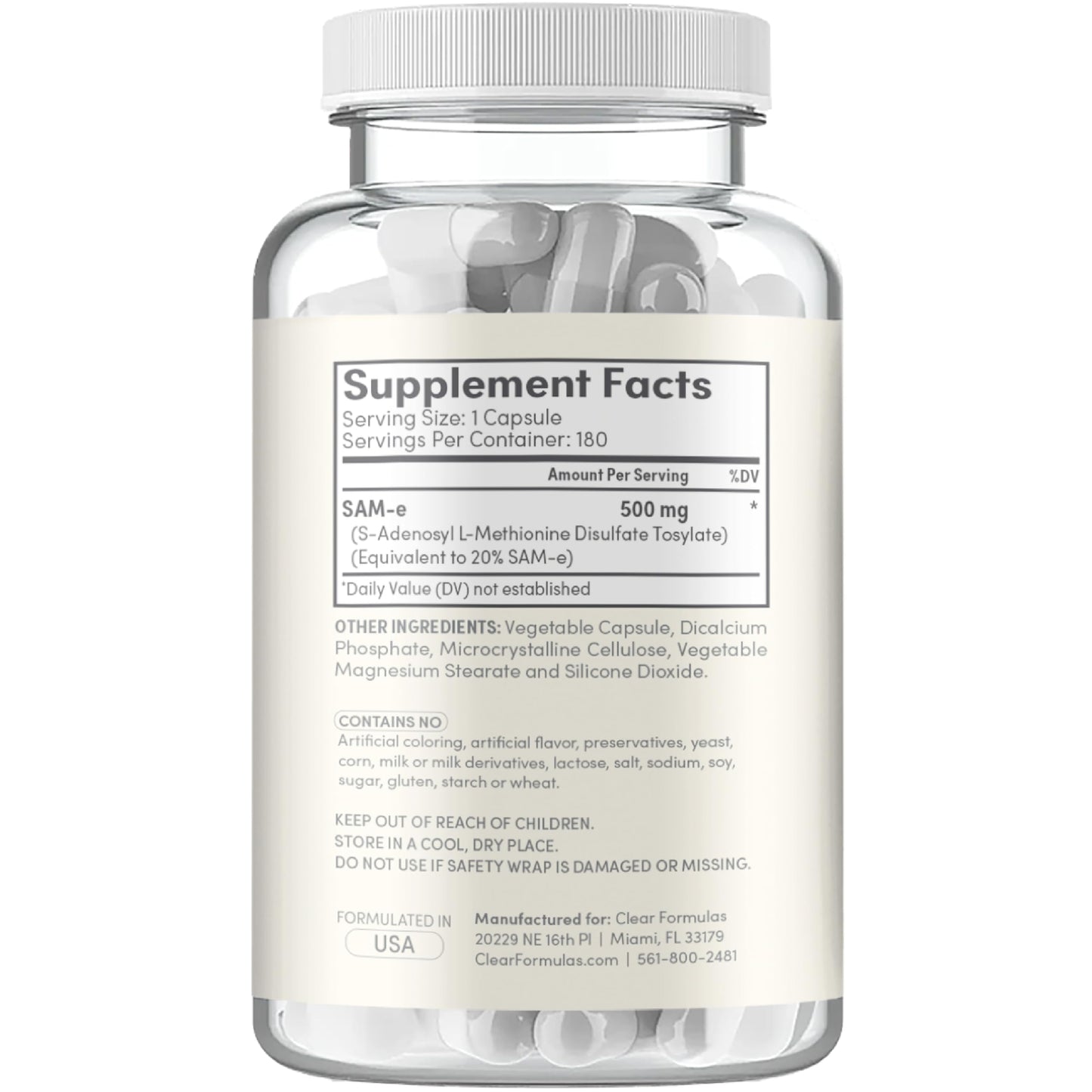 Clear Formulas Bioactive SAM-e 500mg Capsule, 180 Count