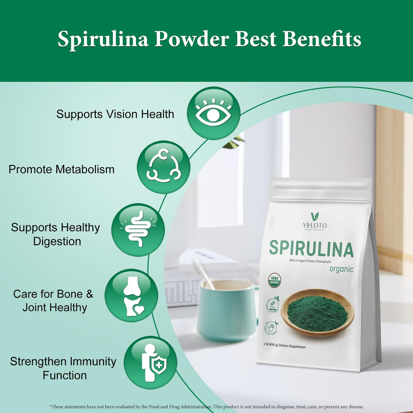 VELOTO Organic Spirulina Powder, 16 oz