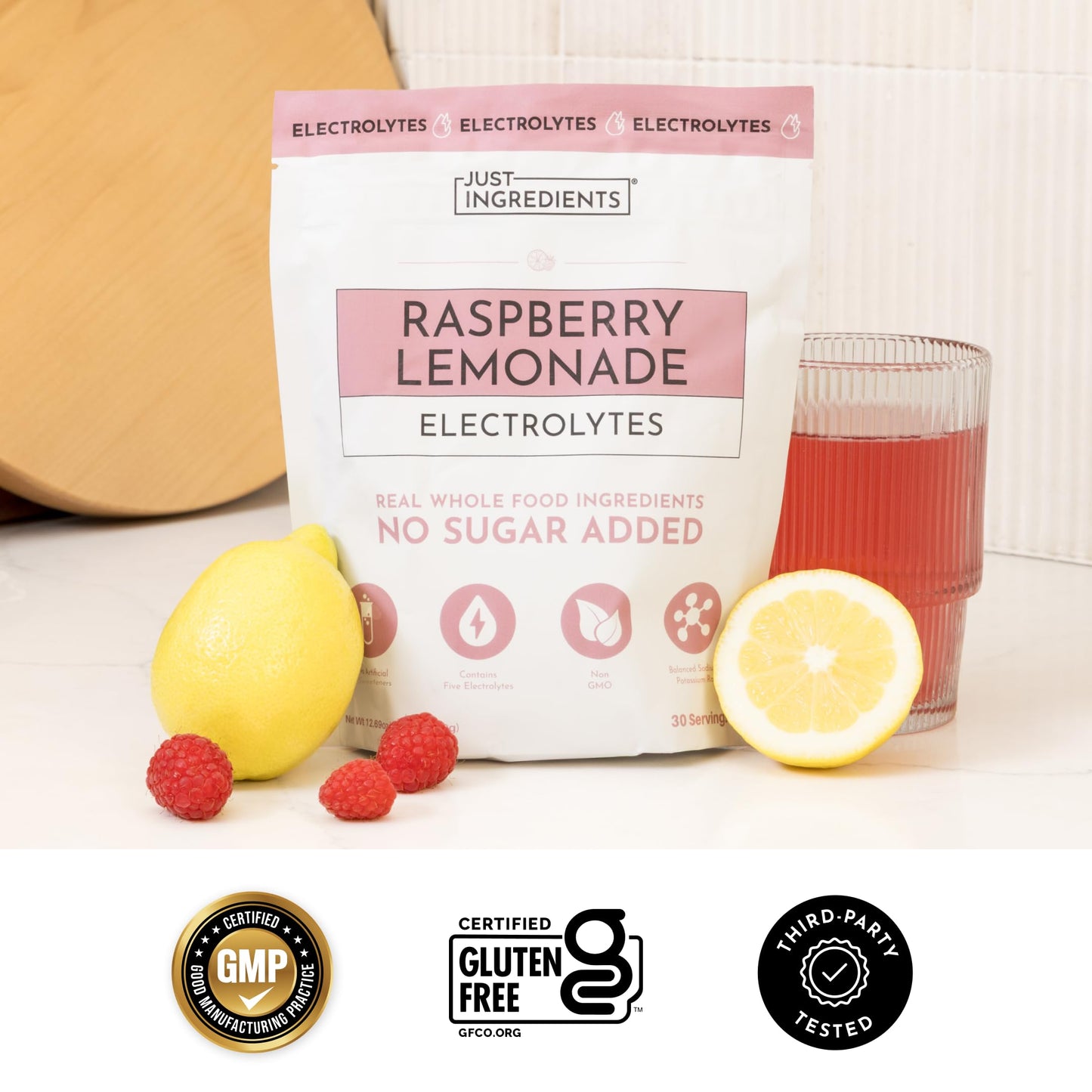 JUST INGREDIENTS Raspberry Lemonade Electrolyte - No Sugar Powder, 12.69